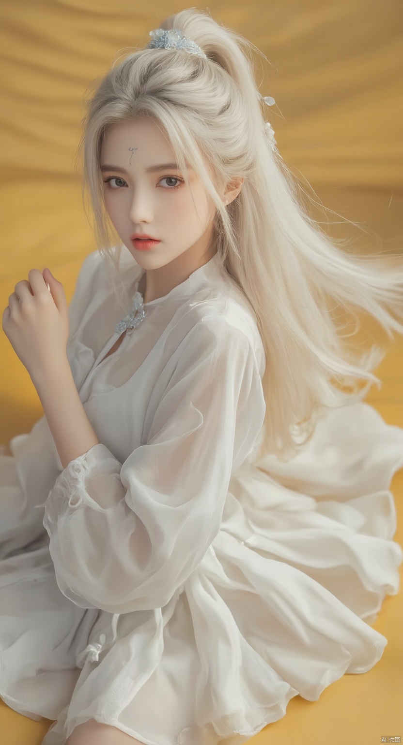s,1girl,white hair,long hair,hair ornament,forehead mark,photography,super realistic,dynamic,exquisite (photography:1.3),(wedding_dress),(white wedding dress),simple background,yellow_background,(bubble skirt),, ((best quality)),((masterpiece)),((ultra-detailed)),HDR,