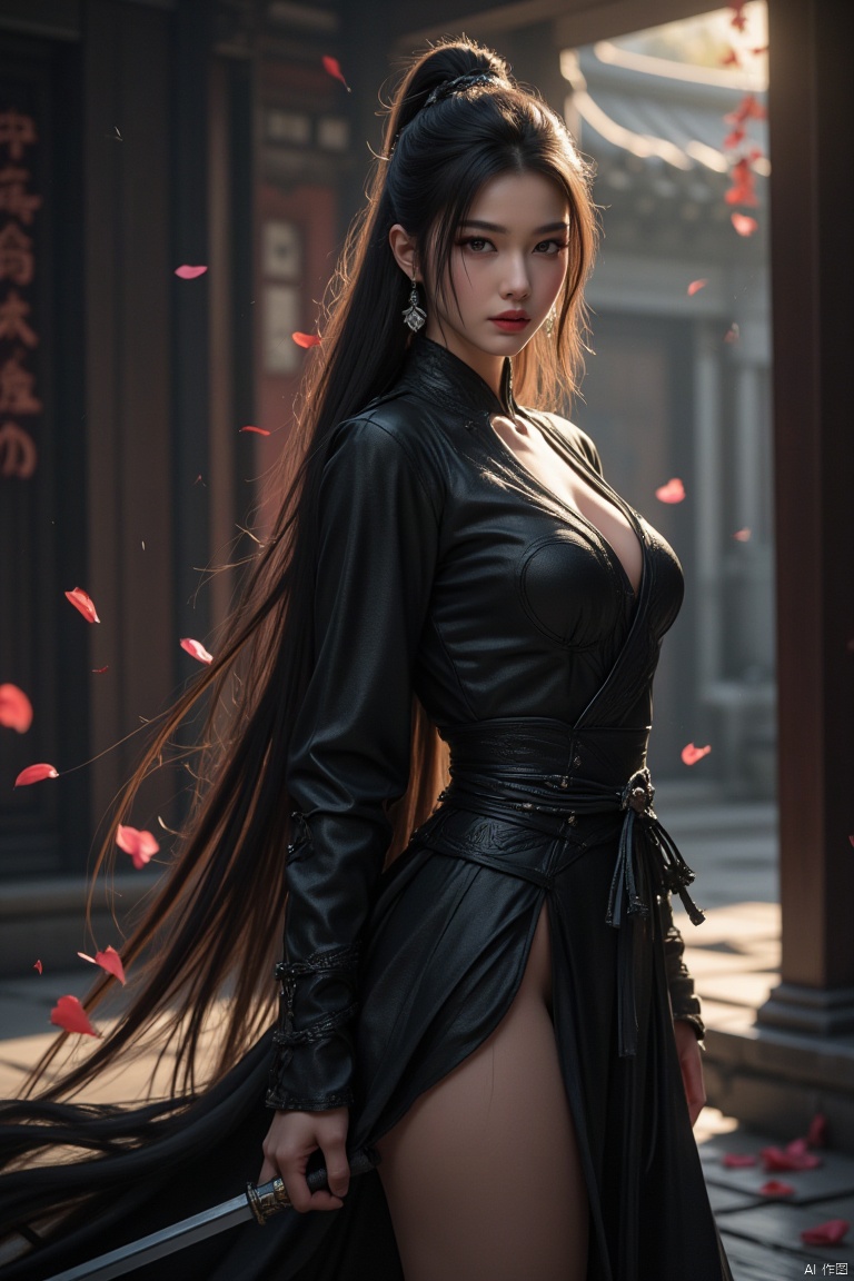 ,XUER martial arts style,1girl,very long hair,(black attire),(asian:1.1),beautiful face,chinese building,east asian architecture,holding sword,masterpieces,inctricate detailed,detailed background,insane quality,extremely beautiful and dedicated,realistic,real,absurdres,ultra-high resolution,sharp focus,dark,chiaroscuro,low-key,shining sword,glowing sword,,bare thighs,(big breasts),flying light particles,falling petals,Crepuscular Rays,
