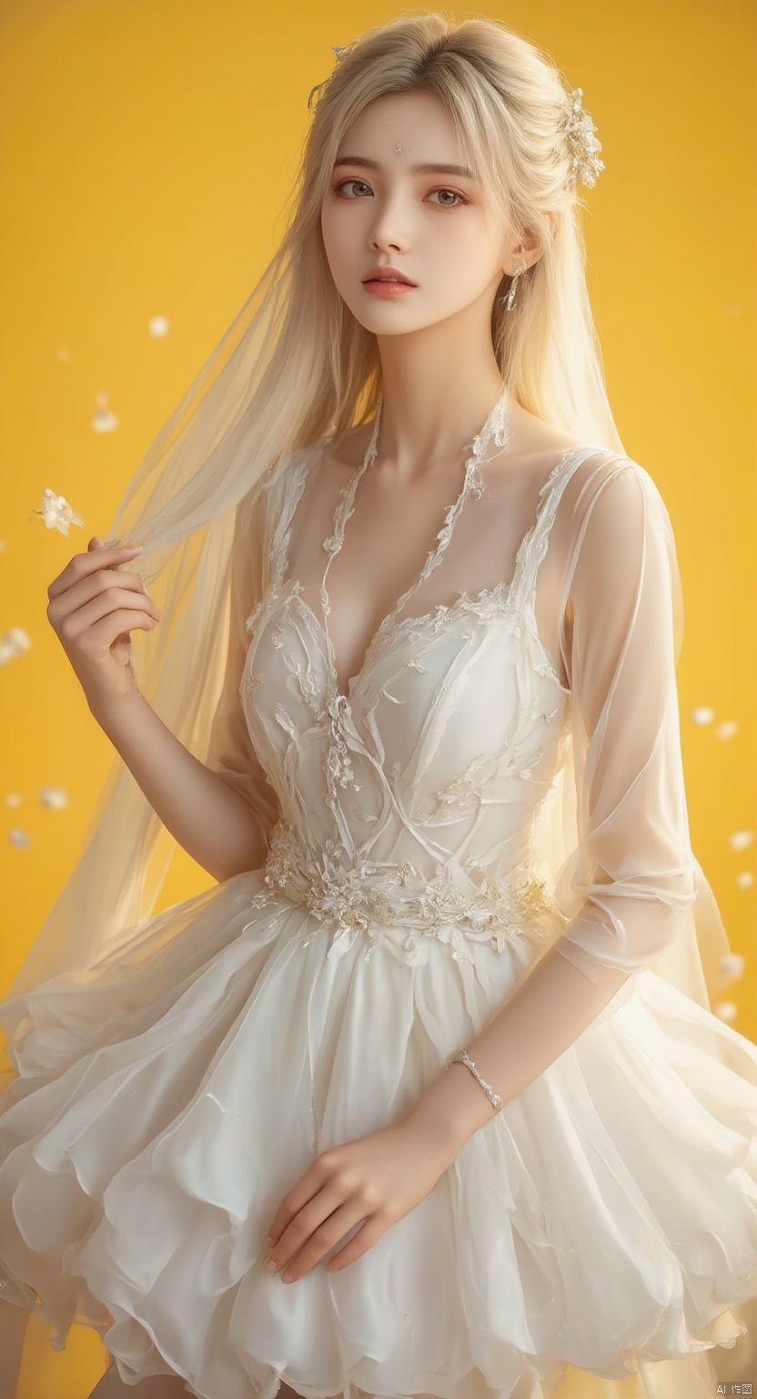 s,1girl,white hair,long hair,hair ornament,forehead mark,photography,super realistic,dynamic,exquisite (photography:1.3),(wedding_dress),(white wedding dress),simple background,yellow_background,(bubble skirt),, ((best quality)),((masterpiece)),((ultra-detailed)),HDR,
