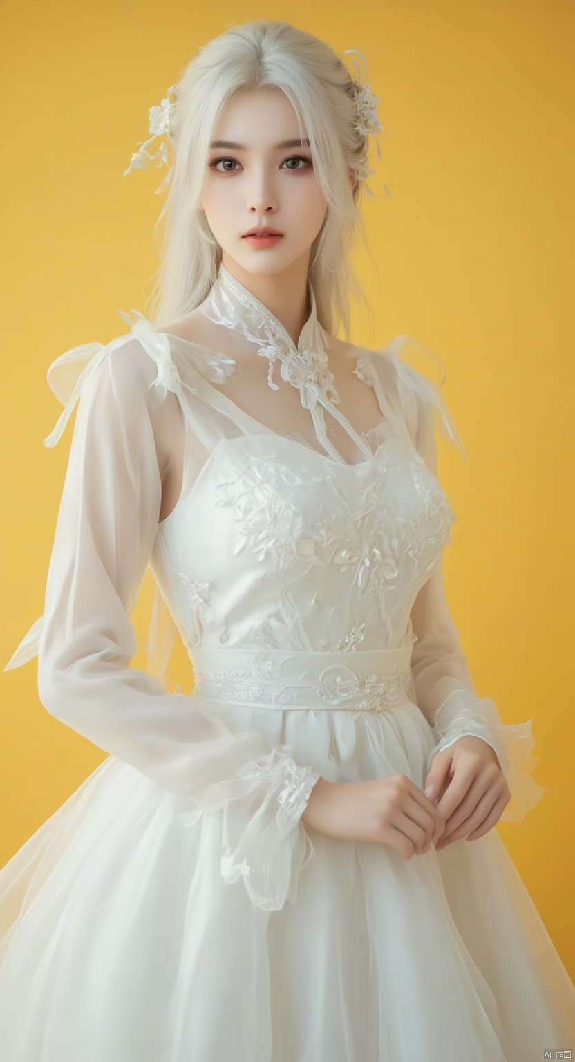 s,1girl,white hair,long hair,hair ornament,forehead mark,photography,super realistic,dynamic,exquisite (photography:1.3),(wedding_dress),(white wedding dress),simple background,yellow_background,(bubble skirt),, ((best quality)),((masterpiece)),((ultra-detailed)),HDR,