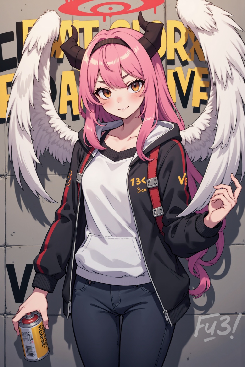 fca_style,  an ***** woman with white angel wings,  black devil horns and a black headband on Tensor.Art
