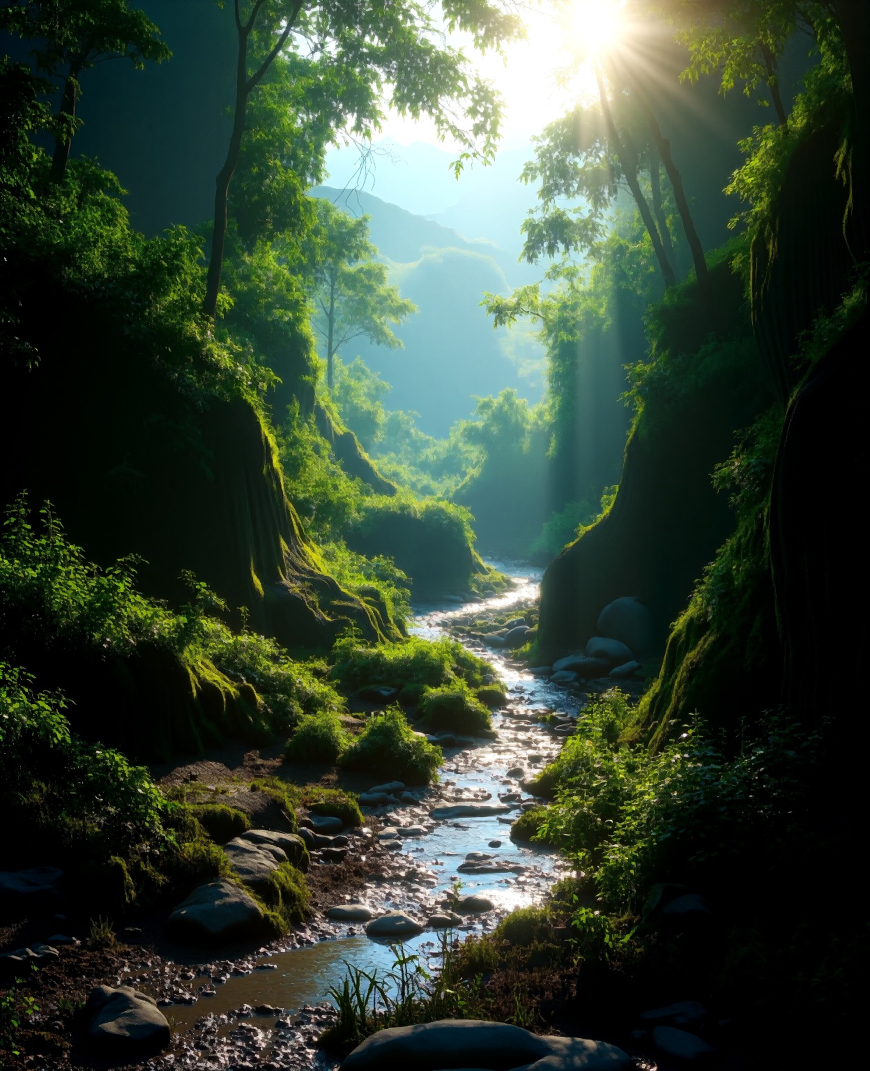 a small arroyo passing through a damp ground,  detailed rock formations,  mossy banks on Tensor.Art