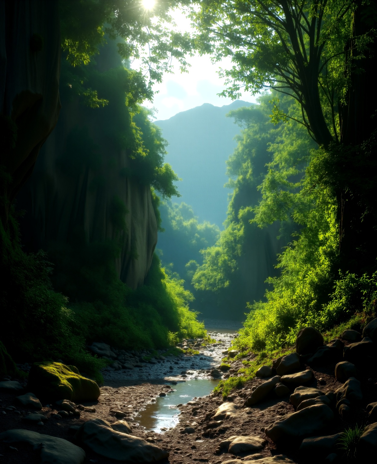 a small arroyo passing through a damp ground,  detailed rock formations,  mossy banks on Tensor.Art