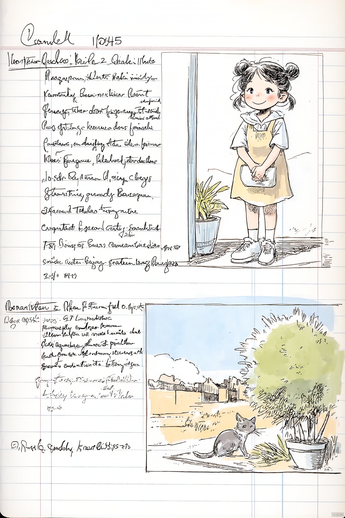 cornell notes sheet with drawing,1girl,shoes,solo,plant,hair bun,long sleeves,cat,standing,black cat,bangs,potted plant,skirt,watch,looking at viewer,black hair,short hair,single hair bun,shadow,full body,in the garden,blue hair,sneakers,wristwatch,hood, 