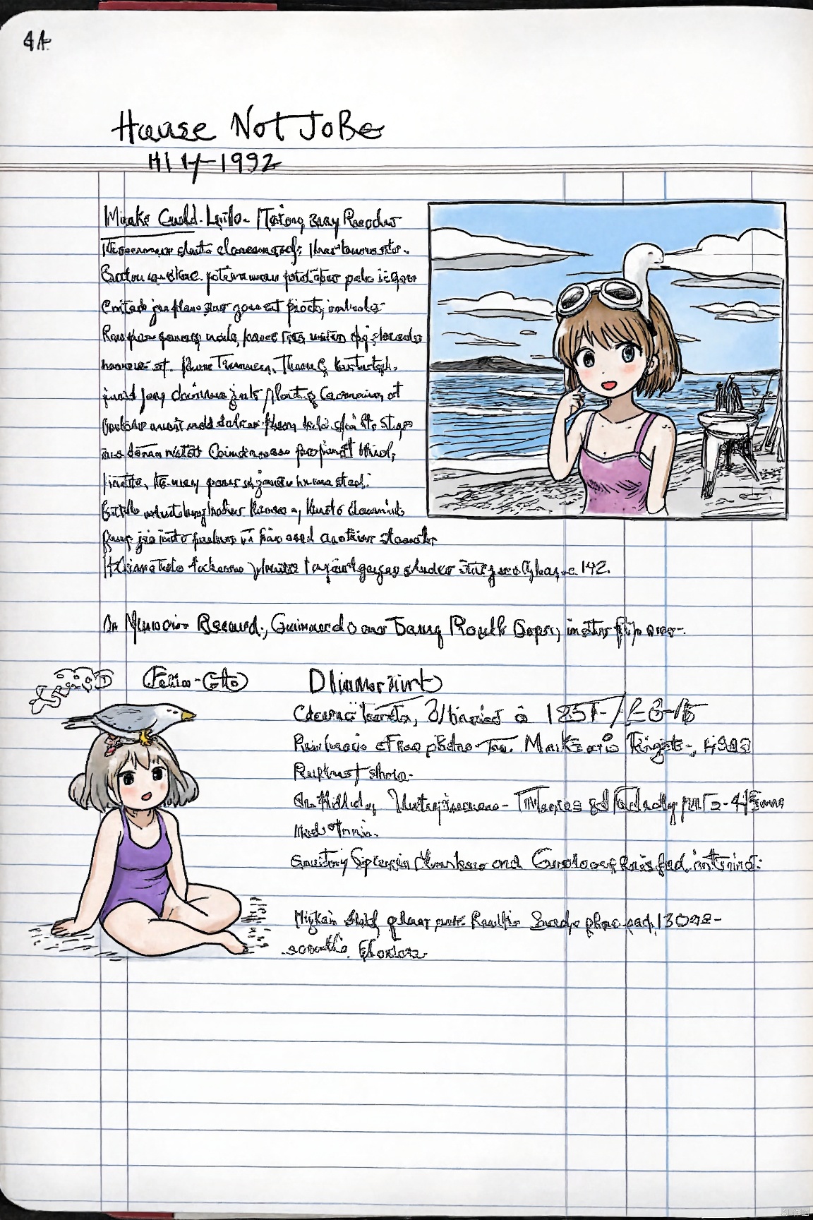 cornell notes sheet with drawing,1girl,bird,red lips,swimsuit,one-piece swimsuit,red nails,cloud,solo,short hair,goggles,animal on head,english text,on head,seagull,sitting,brown hair,sky,barefoot,looking at viewer,nail polish,lipstick,innertube,outdoors,cloudy sky,ocean,makeup,purple one-piece swimsuit,