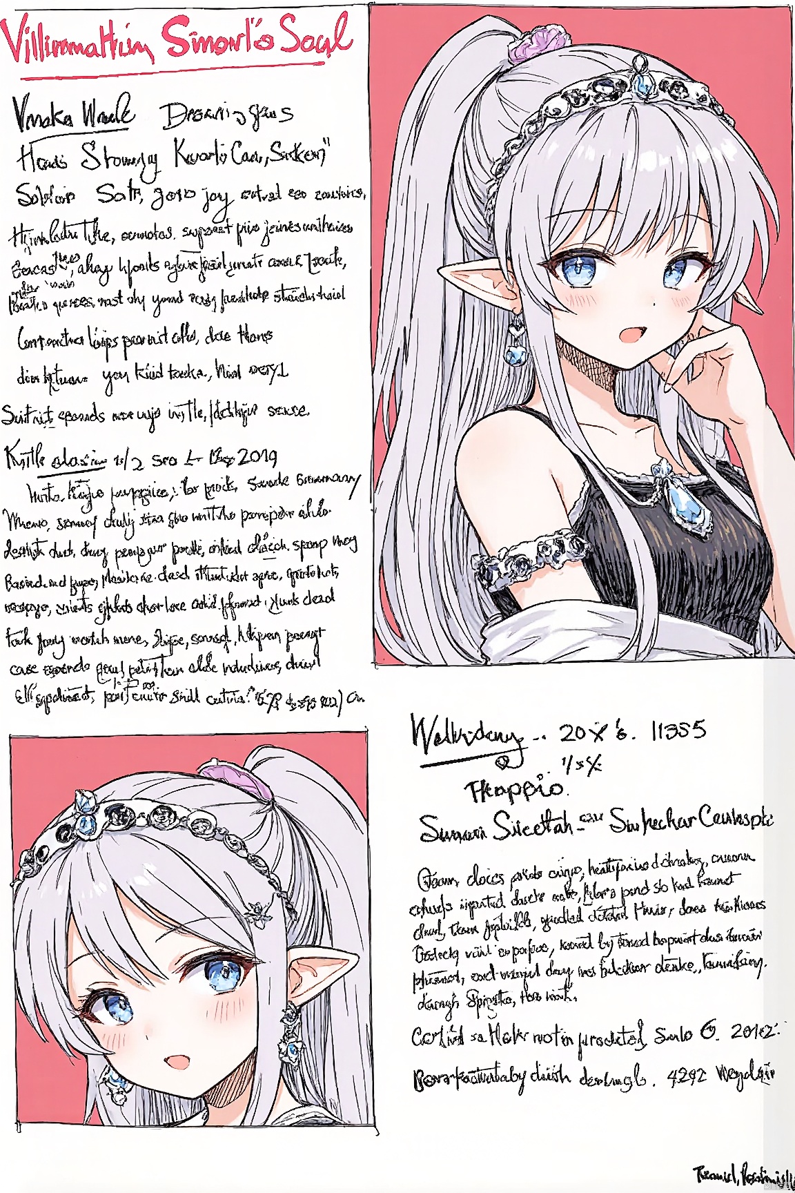 cornell notes sheet with drawing,1girl,solo,pointy ears,looking at viewer,grey eyes,head rest,crown,elf,jewelry,closed mouth,red lips,grey hair,bare shoulders,dress,flower,long hair,makeup,red background,earrings,pale skin,black dress,detached sleeves,tiara,full body,