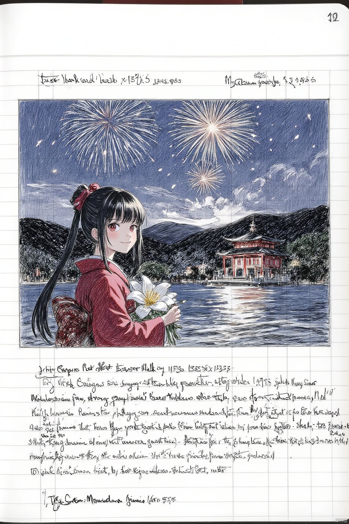 cornell notes sheet with drawing,masterpiece,best quality,1girl,black hair,long hair,ponytail,nape,red eyes,light smile,looking at viewer,holding bouquet,lily \(flower\),red kimono,(fireworks),(aerial fireworks),firework background,(night),shrine,lake,light reflection \(water\),particles,