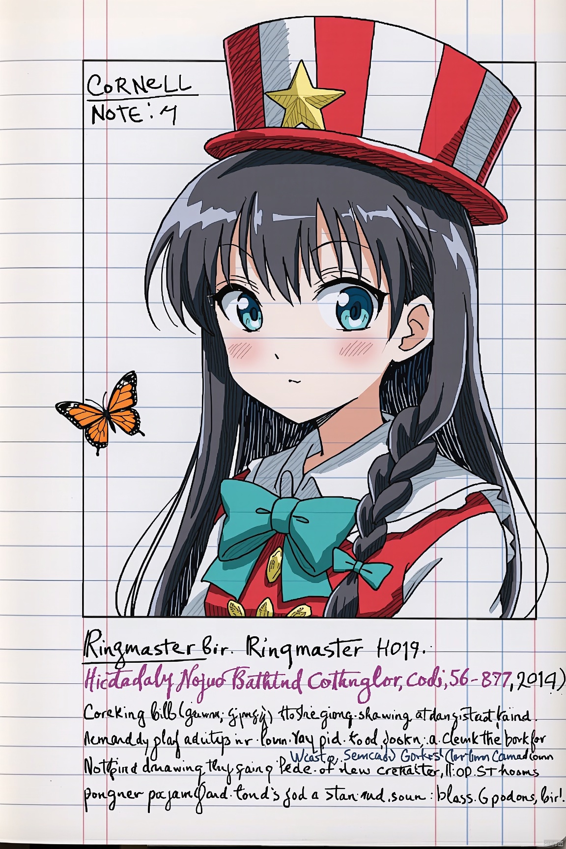 cornell notes sheet with drawing,shows elemental elements,circus hat and ringmaster,intense and bright colors,teenage girl,long black hair,braids,light blue eyes,butterfly details,anime,