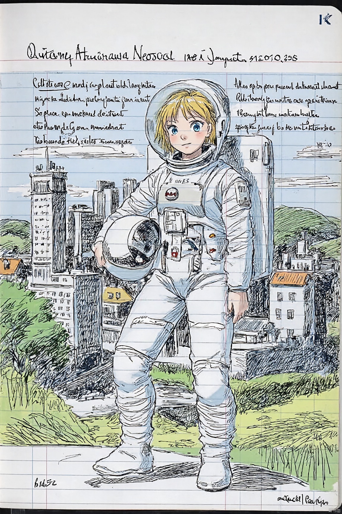 cornell notes sheet with drawing,anime art style,Medium-full shot,photo portrait titled "Lone female Astronaut in a Jungle Solarpunk City",white sci-fi space suit without a helmet,city buildings with solar panels,vibrant palette,detailed,8k,reflections,astronaut holding their helmet by their side,subject looking into the camera,
