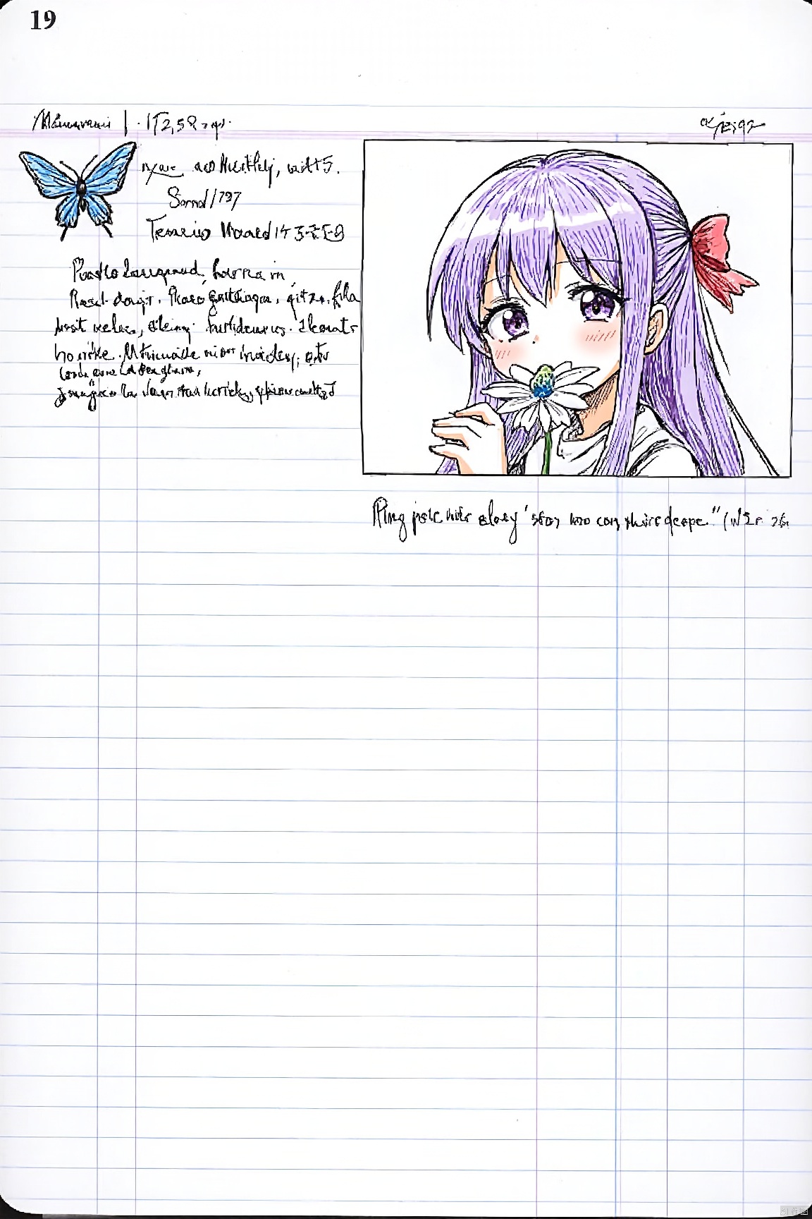cornell notes sheet with drawing,1girl,bangs,blue_butterfly, bug, butterfly,flower_on_hand, covering_mouth, dragonfly, earrings, eyebrows_visible_through_hair, glowing_butterfly, hair_ribbon, jewelry, long_hair, looking_at_viewer, matou_sakur, purple_eyes, purple_hair, red_ribbon, ribbon, solo, white_butterfly