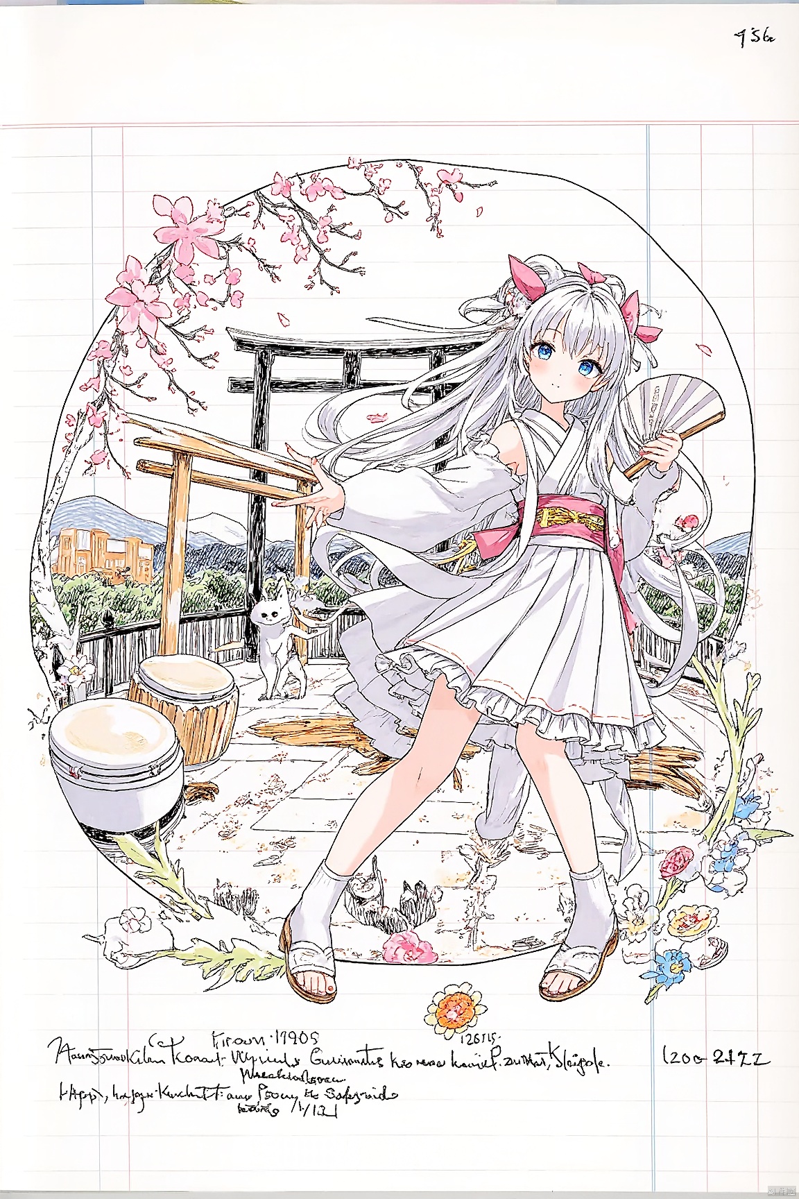 cornell notes sheet with drawing,1girl,instrument,cat,hand fan,torii,white hair,japanese clothes,drum,horns,***,butterfly,long hair,bell,detached sleeves,traditional media,bow,flute,hair bow,painting (medium),flower,cherry blossoms,watercolor (medium),blush,solo,petals,playing,jingabi,instrument,sandals,music,socks,hair ornament,paper fan,black eyes,white legwear,blunt bangs,tree,bangs,ribbon trim,hair flower,pink bow,frills,ribbon,rope,animal (animals),drumsticks,sleeves,ribbon-trimmed sleeves,sash,lolint,fashion,colored,short kimono,knees together feet apart,shamisen,sitting,geta,blue eyes,zouri,uchiwa,long sleeves,pink flower,holding instrument,tassel,full body,shimenawa,arms up,okobo,wa lolita,kimono skirt,ahoge,black imo,footwear,multiple multiple,cat cymbals,white,outdoors,skirt,dress,standing,very long hair,spinning top,no mouth,horn ornament,pink ribbon,walking,youkai,