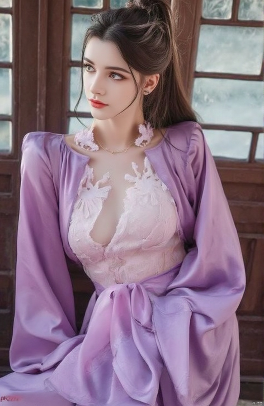 1 Beauty in Hanfu,Thin Purple silk shirt,White,Variety of textures,White lace top, Platinum long ponytail,hair accessories,earring,light pulse rabbit ears,Necklaces and Necklaces, Detailed eyebrows,high mise face, breasts breasts, cut red, slim wave, Purple fishnet stockings,Chinese Hanfu style,fictional art texture,The colors are vivid and true to life,original photo,Realistic photos,Ultra-high quality 8k hyper-realistic photos,(Effective fantasy lighting effects:1.8),10x pixels,magic effect (background):1.8),super detailed eyes, portrait girl, background girl,eluosi