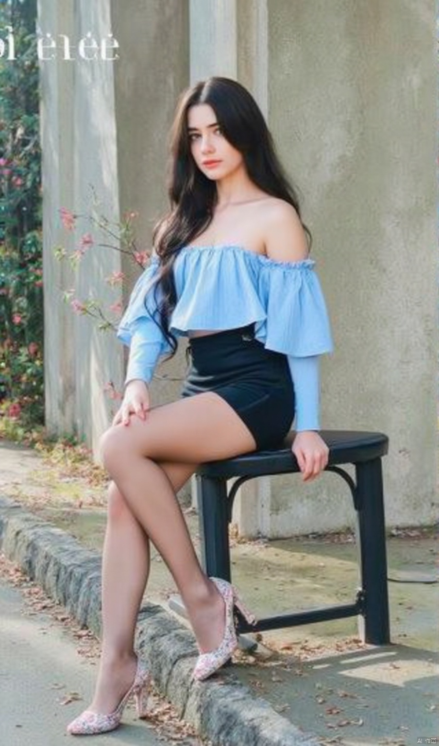 1girl, 18 years old, girl, youthful and sweet, outdoors, sitting on an outdoor park seat, with a wall behind her, branches, flowers, "love" written in English on the wall, long black hair, off-the-shoulder shirt, black Hip-covered shorts , High waist hips, tight dresses,black pantyhose, ultra-thin see-through black pantyhose, high heels, gaze, thin waist, medium breasts, cleavage, long legs,blue strapless shirt, black hip shorts, eluosi