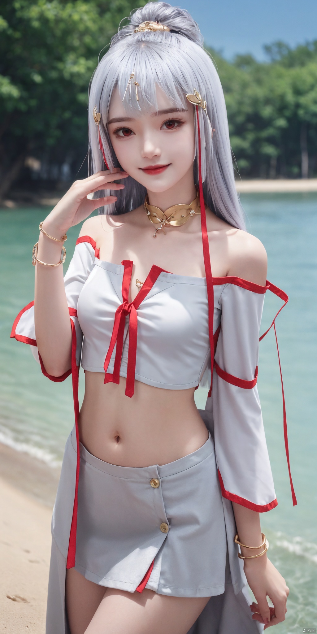 cowboy_shot,(good structure), dslr quality,short skirt,Full moon, by the water's edge, nai3, 1girl, solo, crop top, , choker, navel, shirt, midriff, crop top overhang, looking at viewer, white shirt, jewelry, breasts, bare shoulders, off-shoulder shirt, off shoulder, black choker, thighs, stomach, long hair, bracelet, short sleeves, ribbon, hand up, collarbone, hair ribbon, medium breasts, , bra strap, , hair ornament, thigh gap, necklace, expressionless, , ,kind smile, ,taiyinyutu,white hair