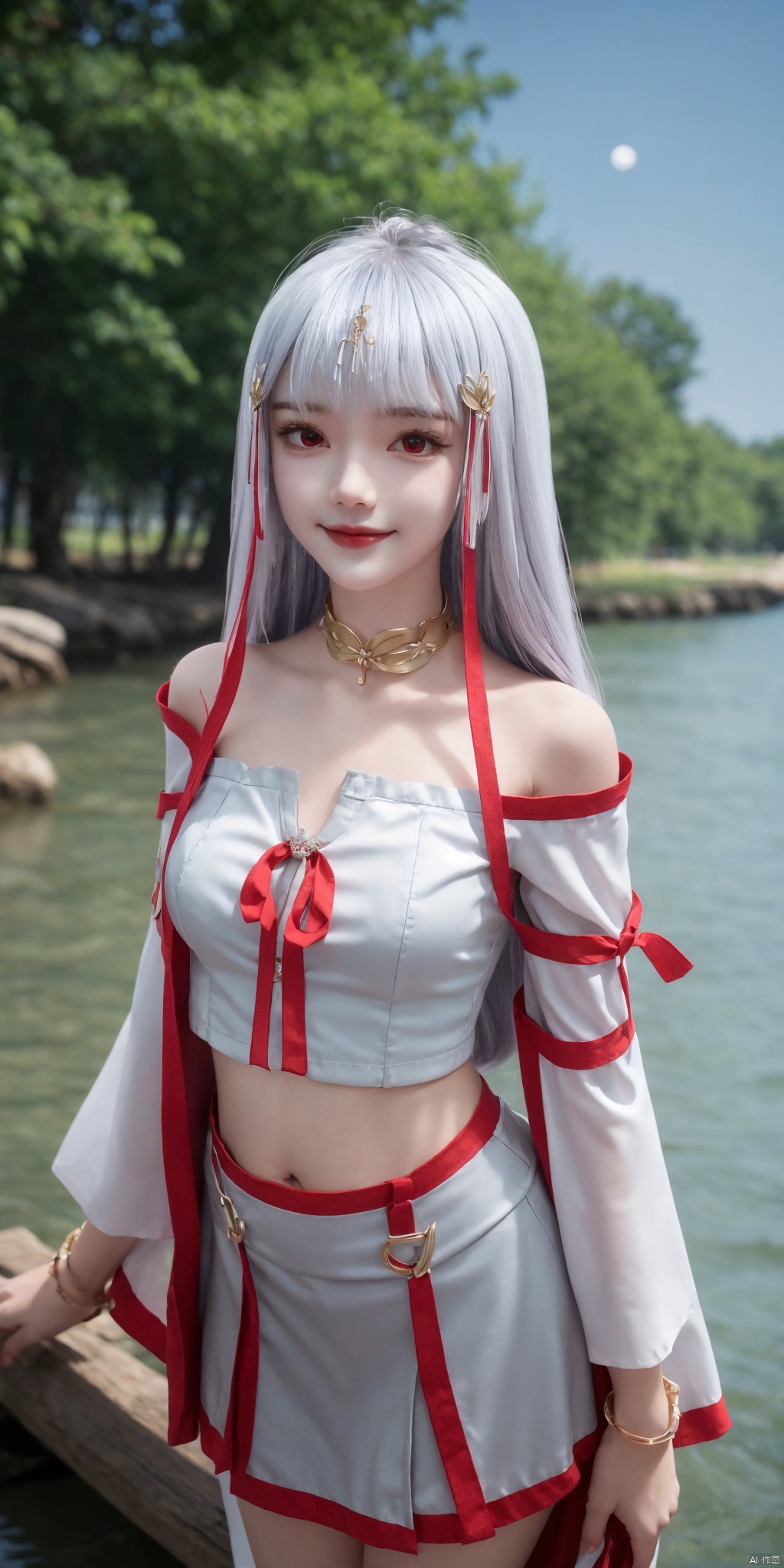 cowboy_shot,(good structure), dslr quality,short skirt,Full moon, by the water's edge, nai3, 1girl, solo, crop top, , choker, navel, shirt, midriff, crop top overhang, looking at viewer, white shirt, jewelry, breasts, bare shoulders, off-shoulder shirt, off shoulder, black choker, thighs, stomach, long hair, bracelet, short sleeves, ribbon, hand up, collarbone, hair ribbon, medium breasts, , bra strap, , hair ornament, thigh gap, necklace, expressionless, , ,kind smile, ,taiyinyutu,white hair