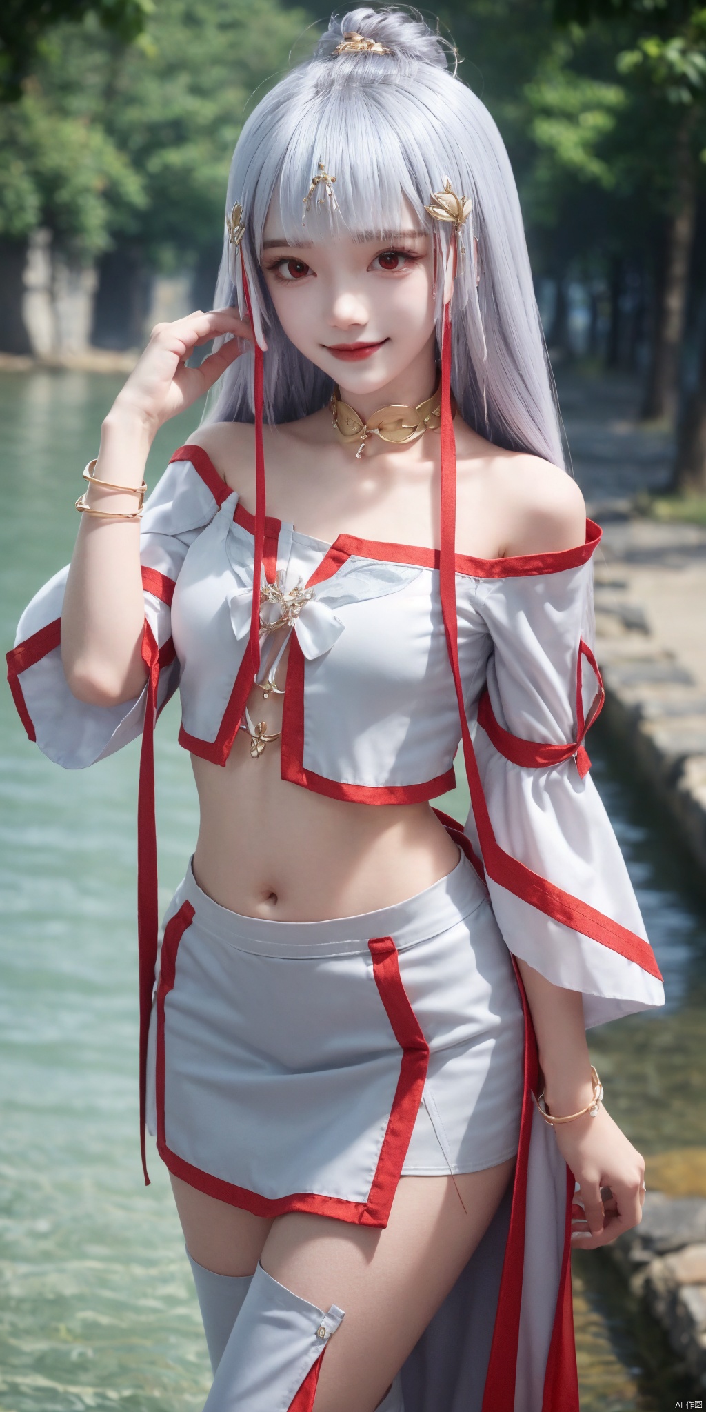 cowboy_shot,(good structure), dslr quality,short skirt,Full moon, by the water's edge, nai3, 1girl, solo, crop top, , choker, navel, shirt, midriff, crop top overhang, looking at viewer, white shirt, jewelry, breasts, bare shoulders, off-shoulder shirt, off shoulder, black choker, thighs, stomach, long hair, bracelet, short sleeves, ribbon, hand up, collarbone, hair ribbon, medium breasts, , bra strap, , hair ornament, thigh gap, necklace, expressionless, , ,kind smile, ,taiyinyutu,white hair