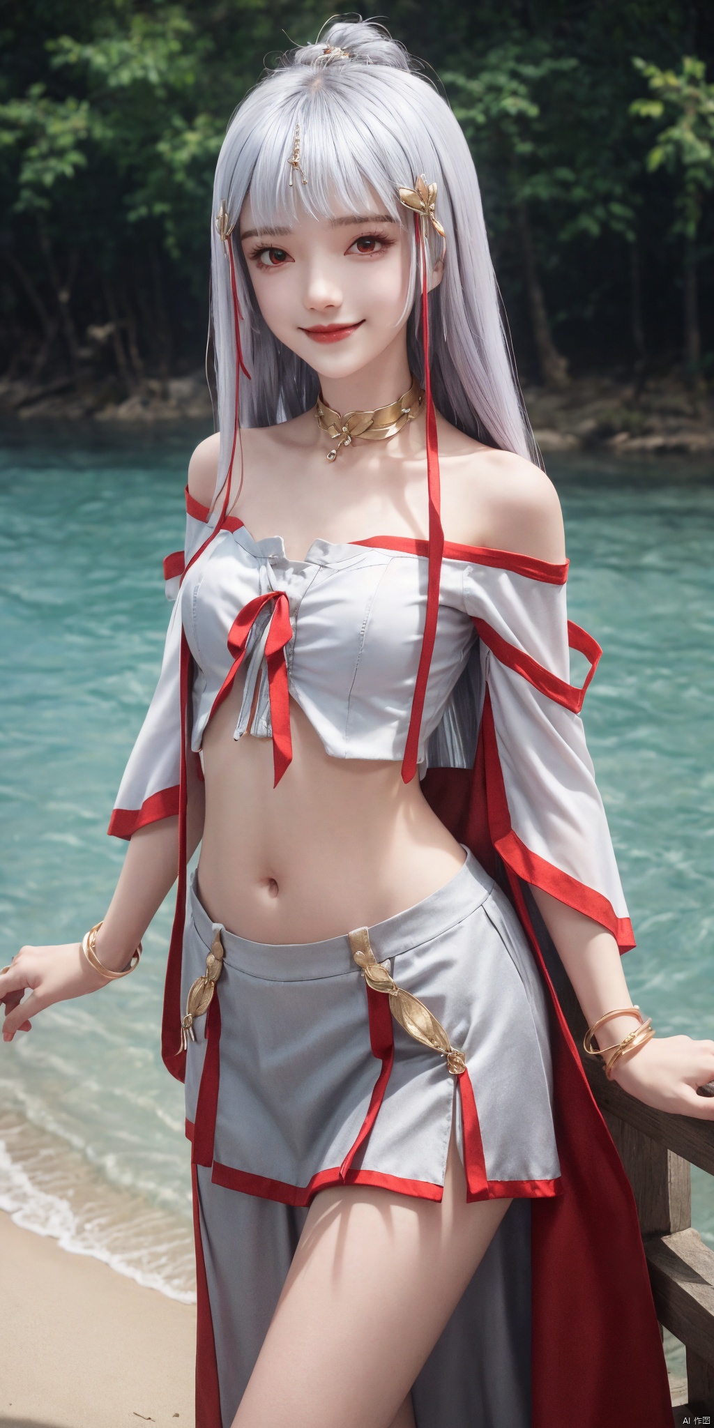 cowboy_shot,(good structure), dslr quality,short skirt,Full moon, by the water's edge, nai3, 1girl, solo, crop top, , choker, navel, shirt, midriff, crop top overhang, looking at viewer, white shirt, jewelry, breasts, bare shoulders, off-shoulder shirt, off shoulder, black choker, thighs, stomach, long hair, bracelet, short sleeves, ribbon, hand up, collarbone, hair ribbon, medium breasts, , bra strap, , hair ornament, thigh gap, necklace, expressionless, , ,kind smile, ,taiyinyutu,white hair