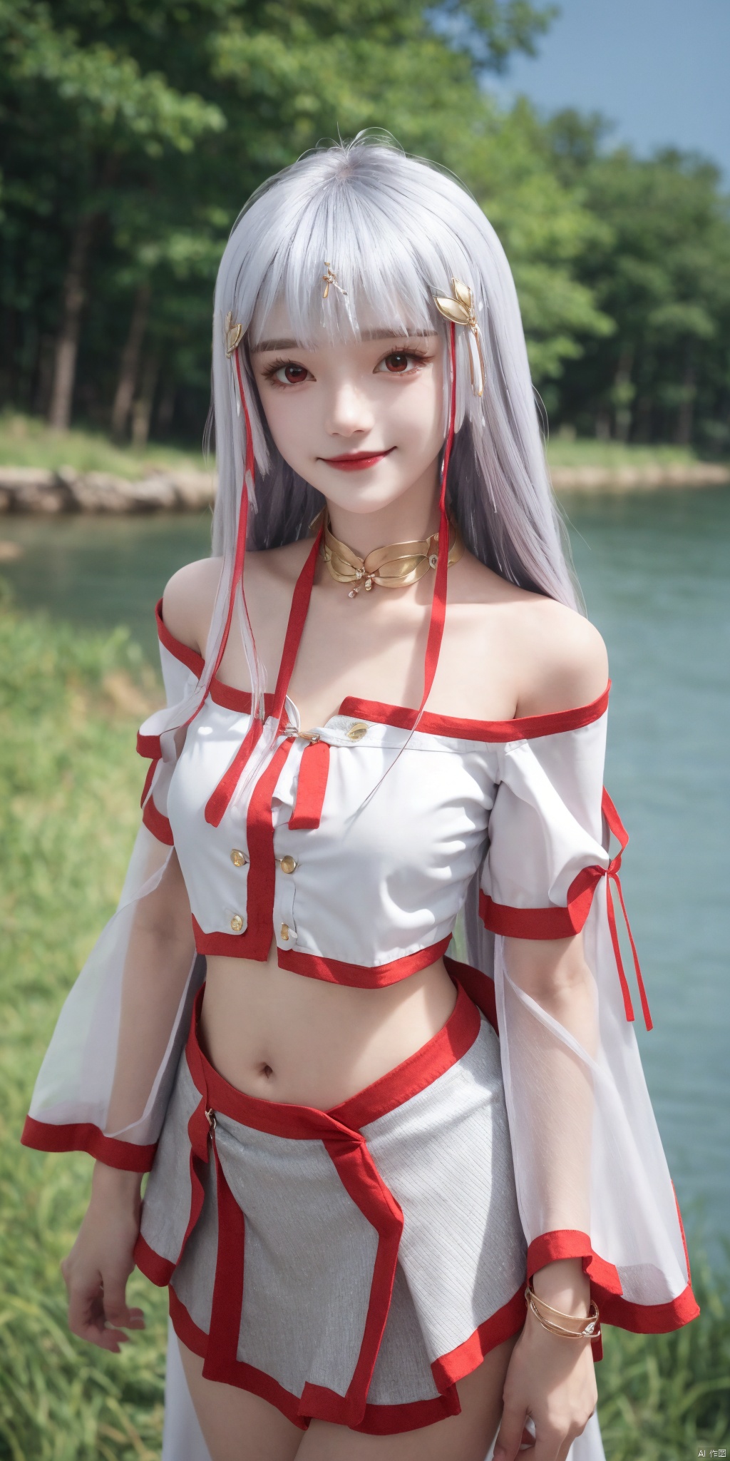 cowboy_shot,(good structure), dslr quality,short skirt,Full moon, by the water's edge, nai3, 1girl, solo, crop top, , choker, navel, shirt, midriff, crop top overhang, looking at viewer, white shirt, jewelry, breasts, bare shoulders, off-shoulder shirt, off shoulder, black choker, thighs, stomach, long hair, bracelet, short sleeves, ribbon, hand up, collarbone, hair ribbon, medium breasts, , bra strap, , hair ornament, thigh gap, necklace, expressionless, , ,kind smile, ,taiyinyutu,white hair