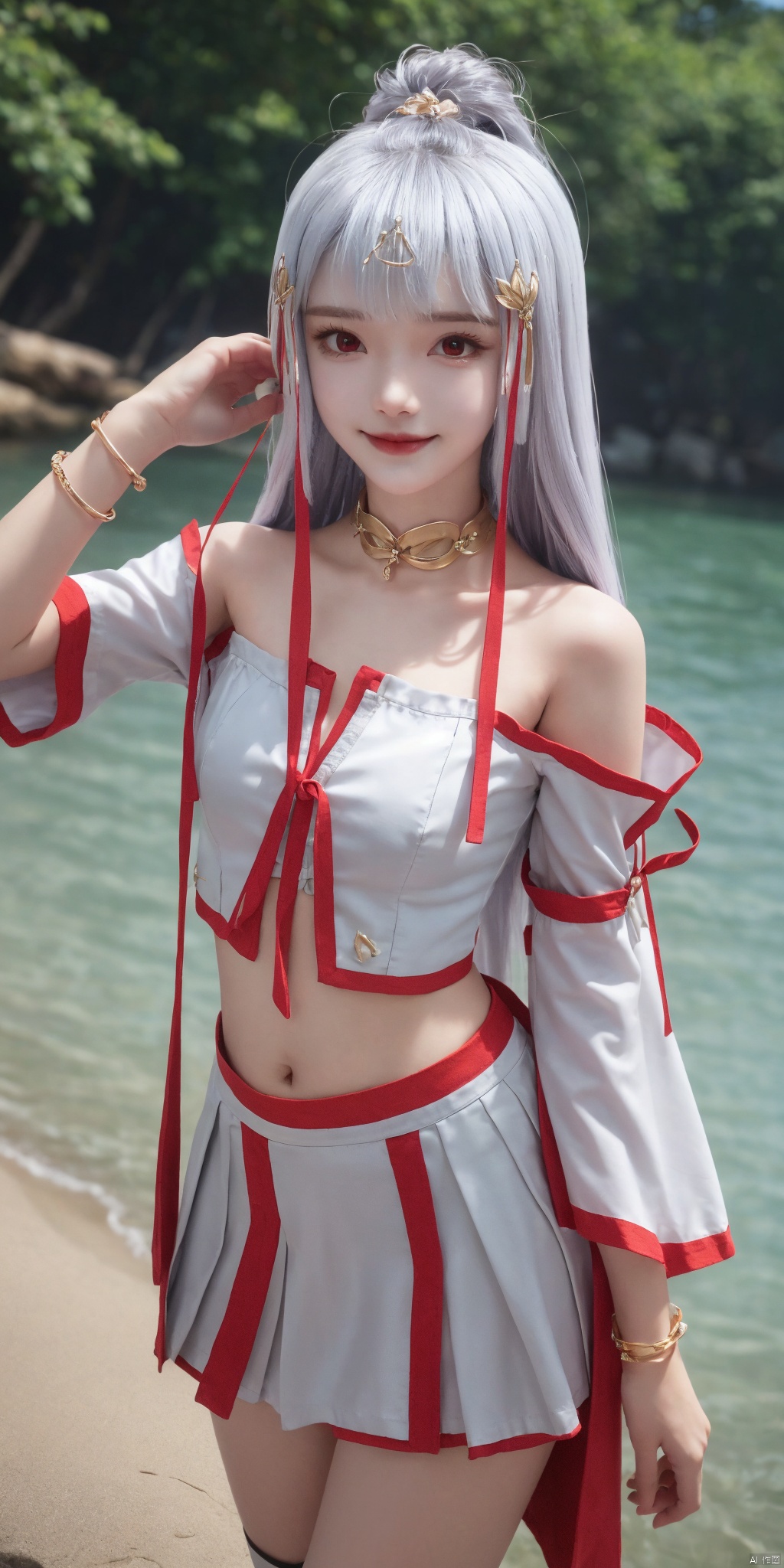 cowboy_shot,(good structure), dslr quality,short skirt,Full moon, by the water's edge, nai3, 1girl, solo, crop top, , choker, navel, shirt, midriff, crop top overhang, looking at viewer, white shirt, jewelry, breasts, bare shoulders, off-shoulder shirt, off shoulder, black choker, thighs, stomach, long hair, bracelet, short sleeves, ribbon, hand up, collarbone, hair ribbon, medium breasts, , bra strap, , hair ornament, thigh gap, necklace, expressionless, , ,kind smile, ,taiyinyutu,white hair