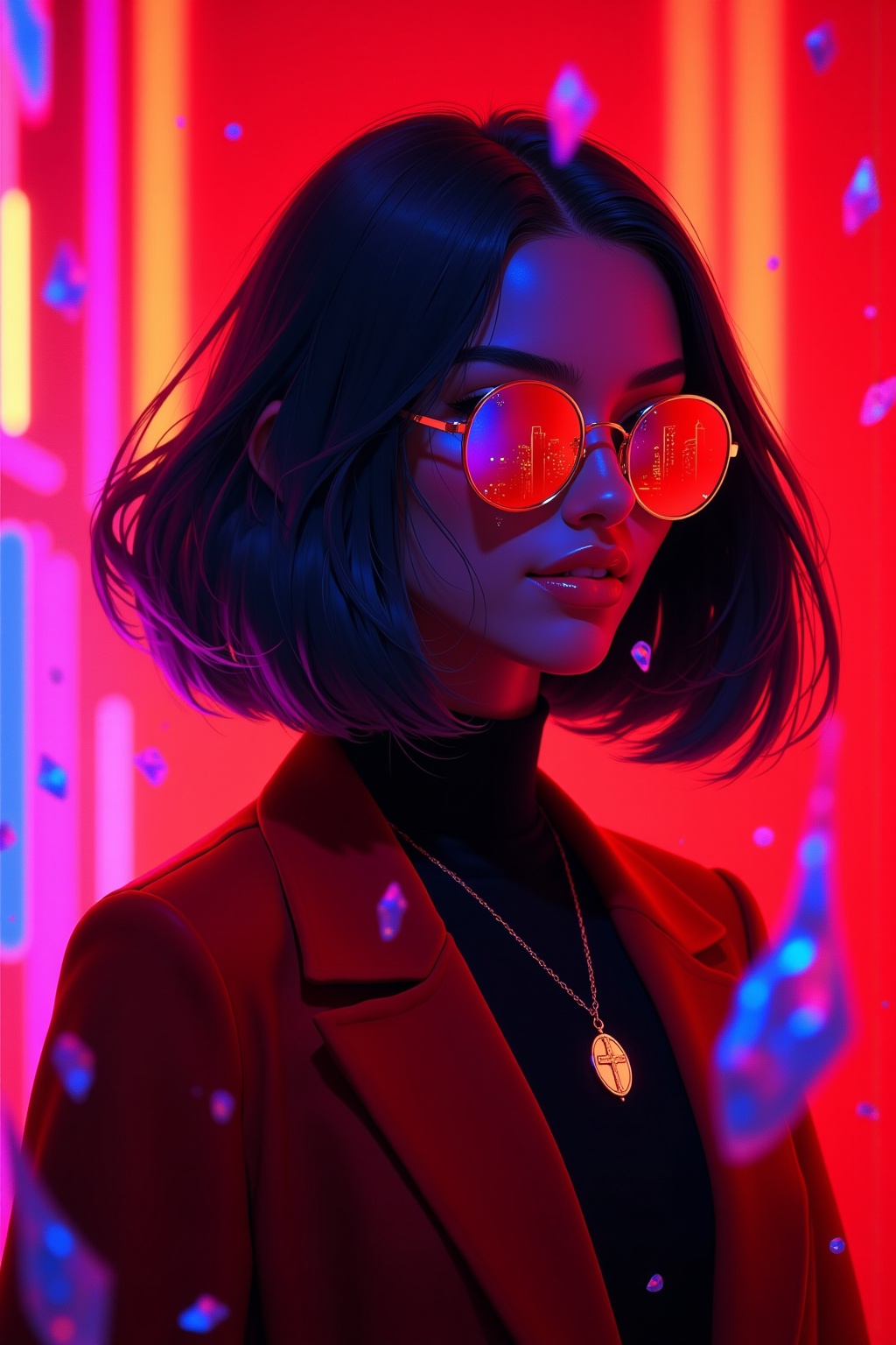 **Caption:** A captivating and intense portrait of a young woman exuding a sense of cool confidence and mystery,  set agai...