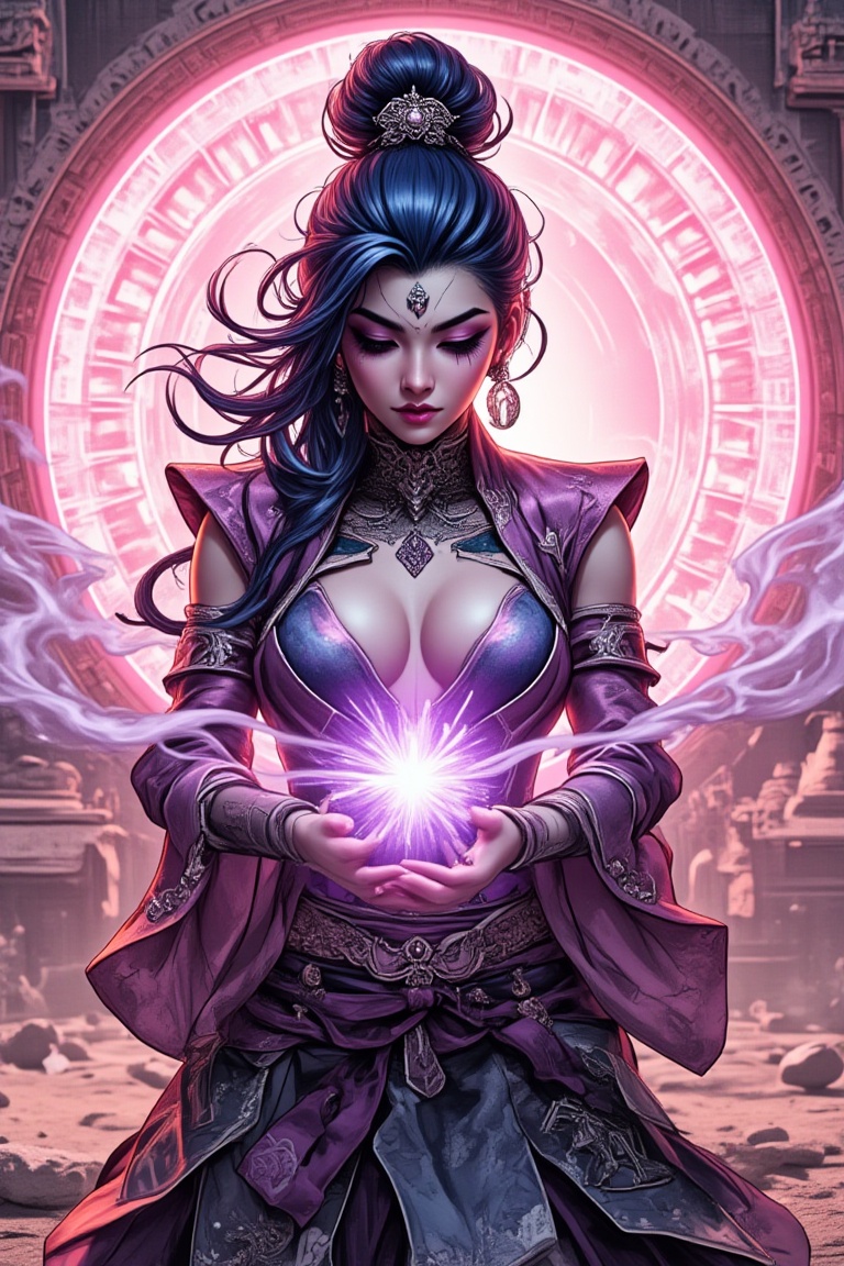 in the cowboy movie,  an oriental beauty with long blue-purple hair and accessories stands alone against the pink glowing...