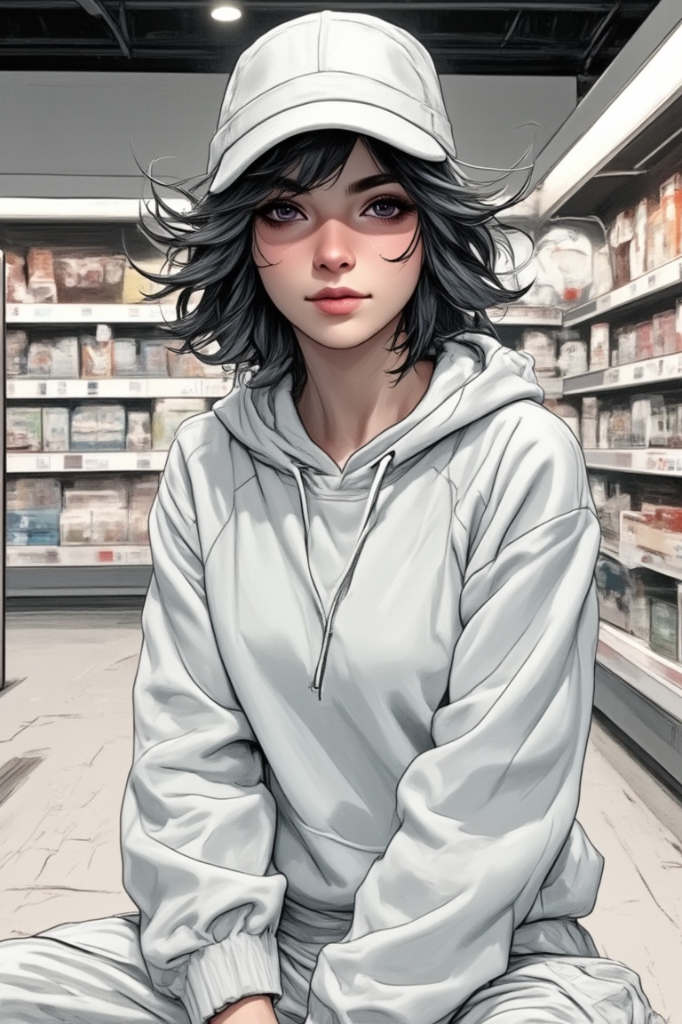 a woman,  short bang wavy hair,  sit on the supermarket on Tensor.Art