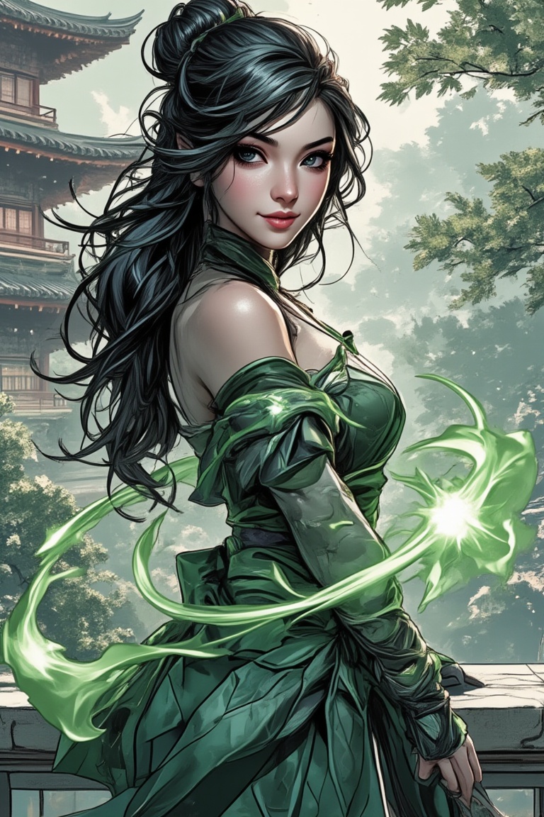 A detailed character portrait of Sheena Fujibayashi with long black hair,  wearing traditional Japanese off-shoulder cloth...
