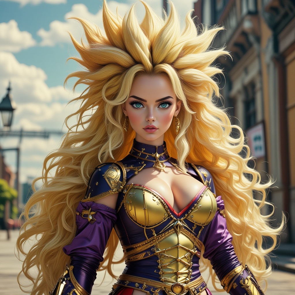 create a hyperrealistic wide-angle image of a Super Saiyan woman character with spiky golden hair and Intricate details ar...