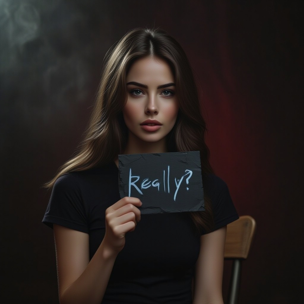 Photorealistic image of a beautiful sexy woman seated in a chair straight to the camera Holding up a sign written in blue...