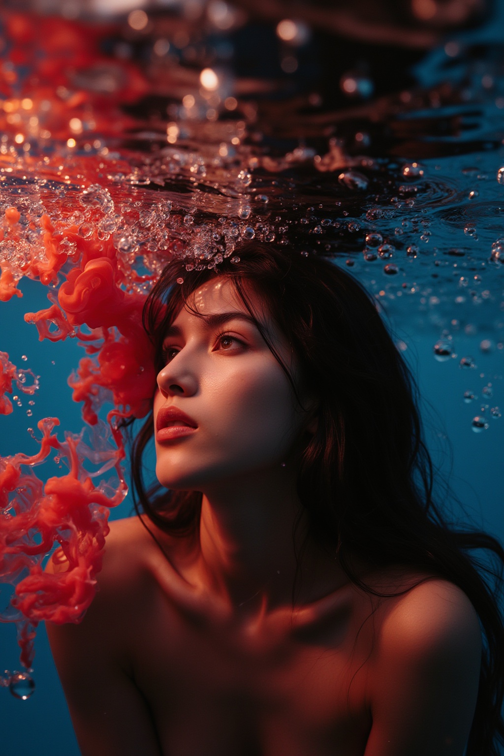 a portrait of a 21yo beautiful hubgwomen submerged,  with streams of red and black ink swirling around them,  resembling b...