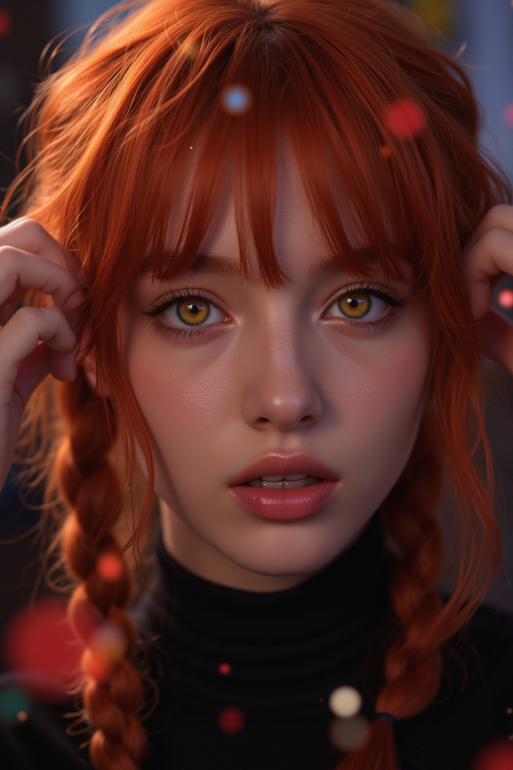 Create an ultra-realistic,  photorealistic image of a stunning anime portrait of a red-haired girl with intense yellow eye...