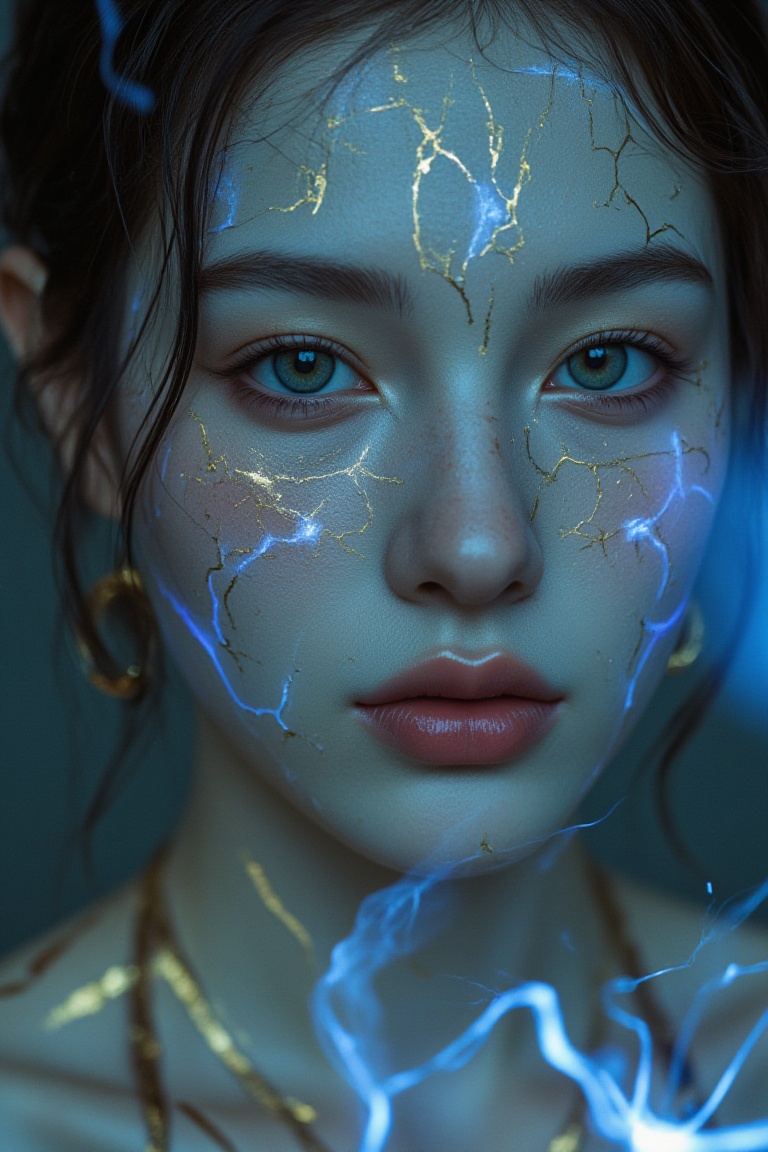 Create a highly detailed close-up image of a fantasy elf’s face,  blending elements of cinematic art and modern digital de...