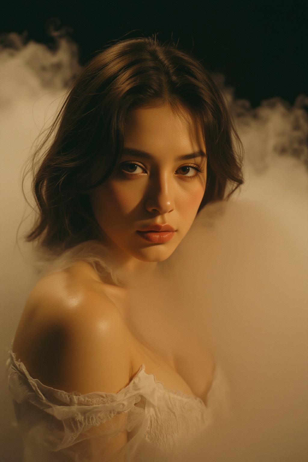 A sultry hubggirl materializes from a dreamy mist,  illuminated by the soft,  warm tone of Kodak film. Cinematic lighting...