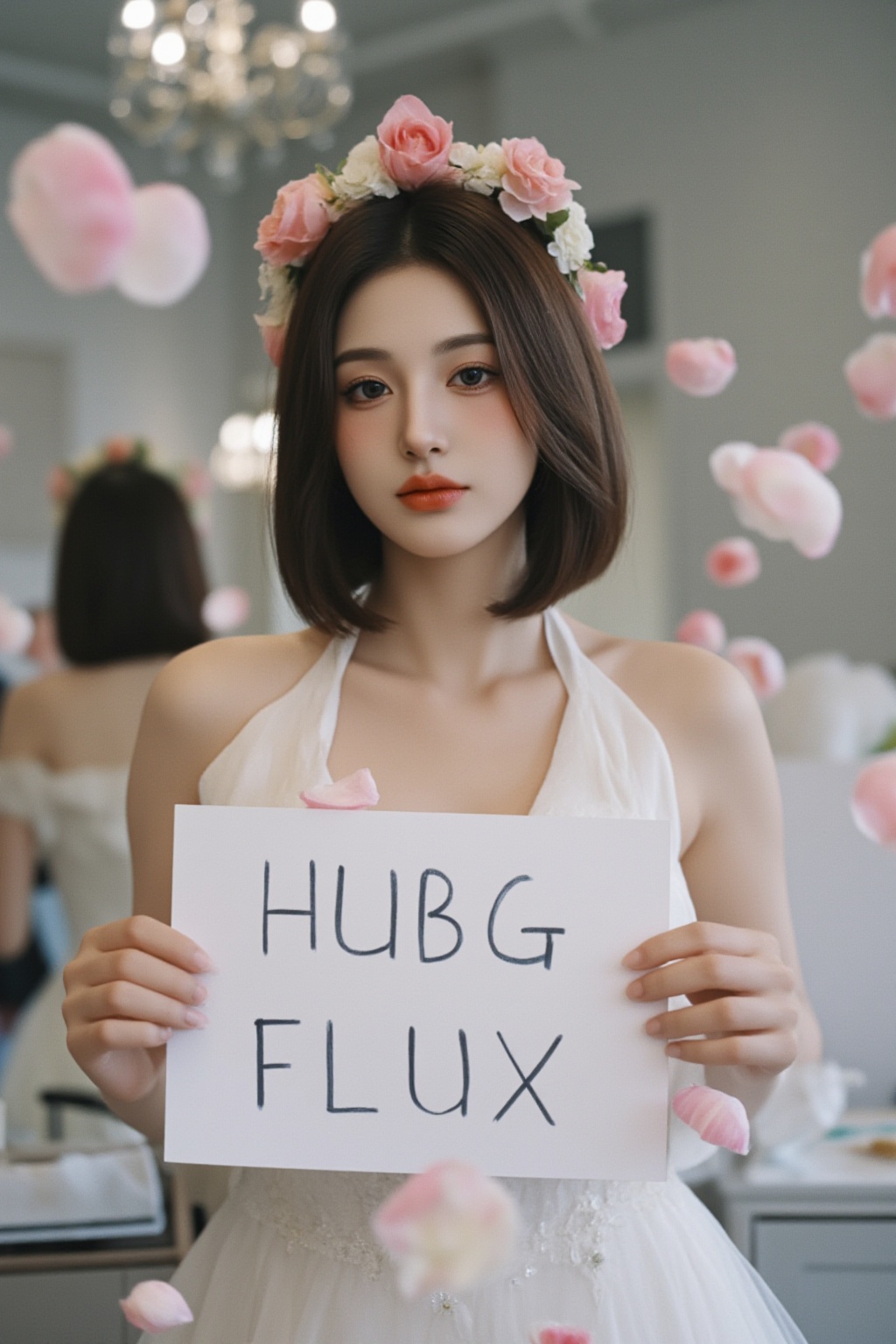 A Wong Kar Wai style movie masterpiece. A young woman Holding up a sign that says,  "HUBG FLUX." wearing a flower wreath s...