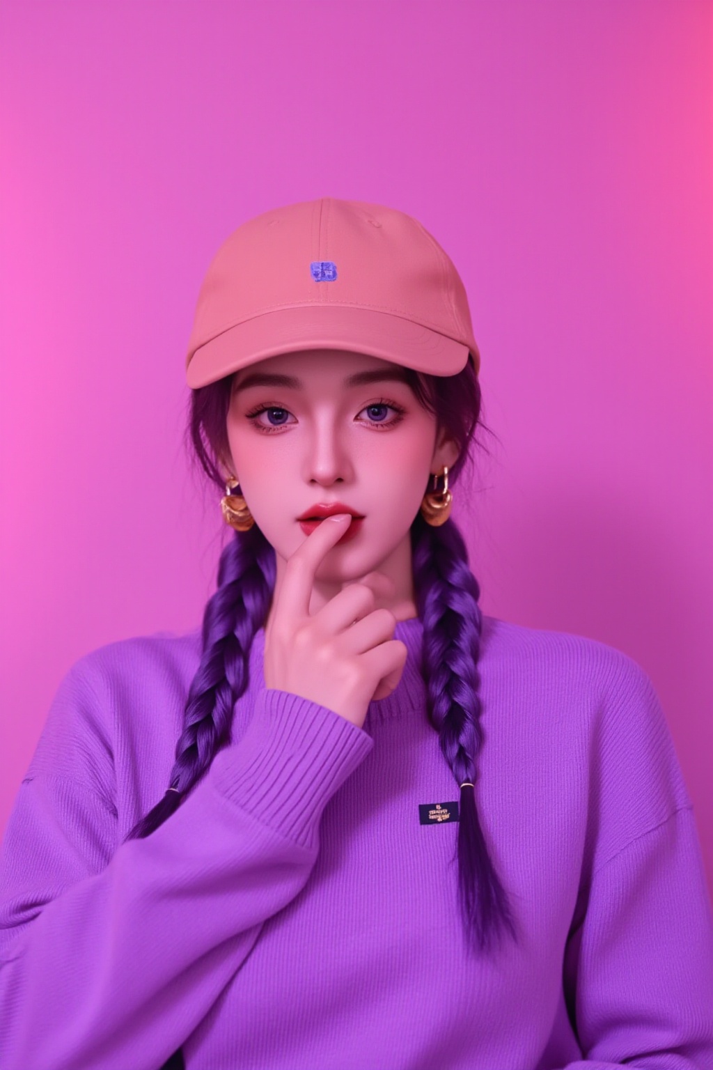 A photorealistic full-body portrait of a stunning 21yo hubggirl with perfect hands. She wears a vibrant purple sweater and...