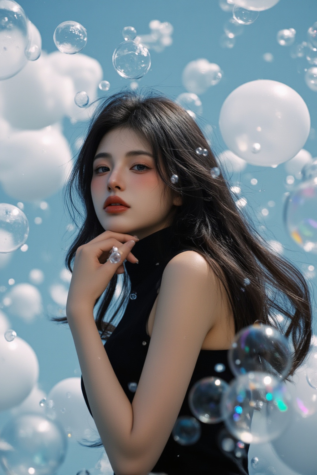Fashion portrait photographya women with black long hair and delicate featuressurrounded by surreal floating water bubbles...