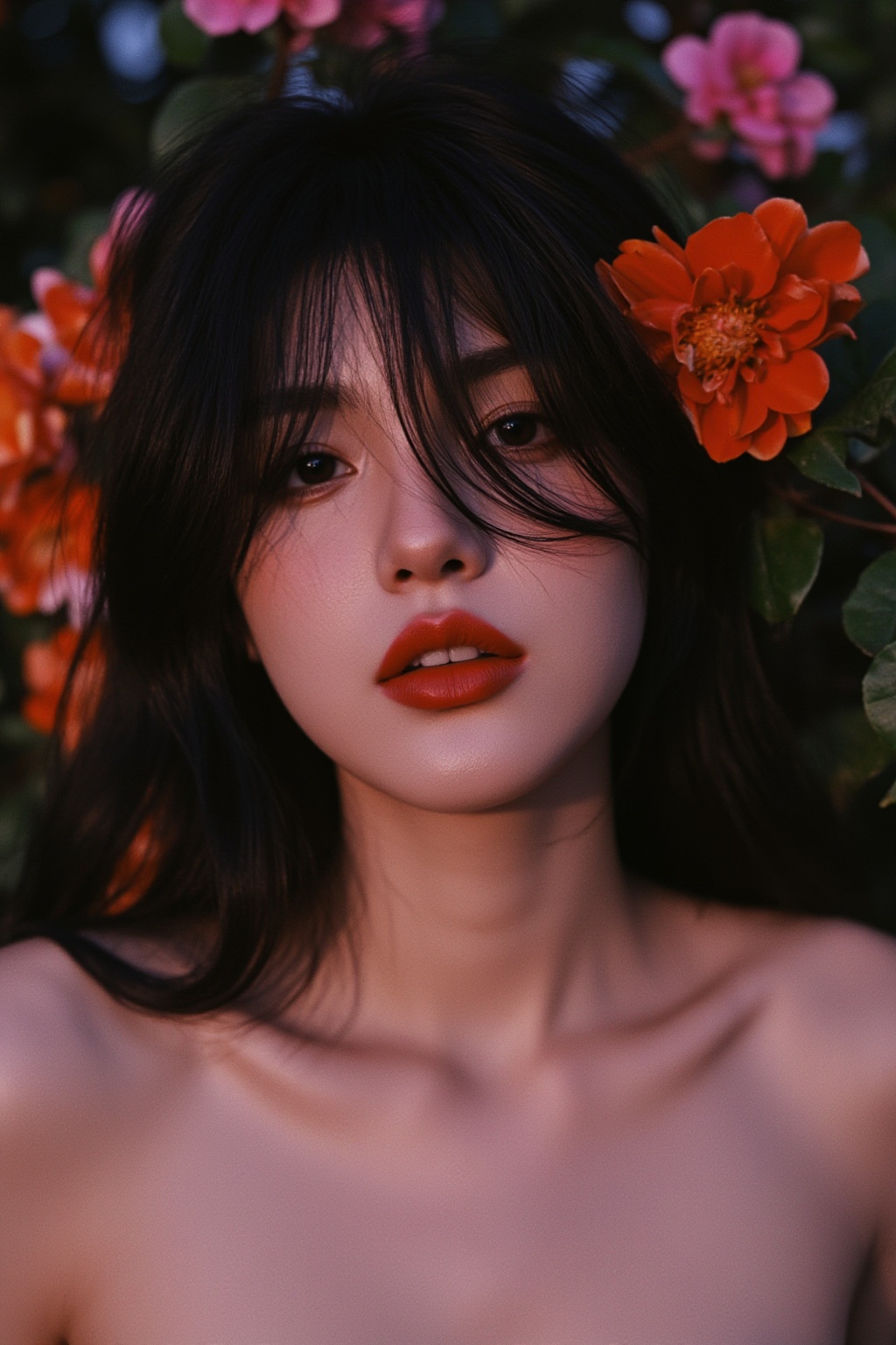 Woman's secrets whispered in twilight's hush: A Wong Kar Wai-esque close-up captures the mystery of a lone female,  her ra...