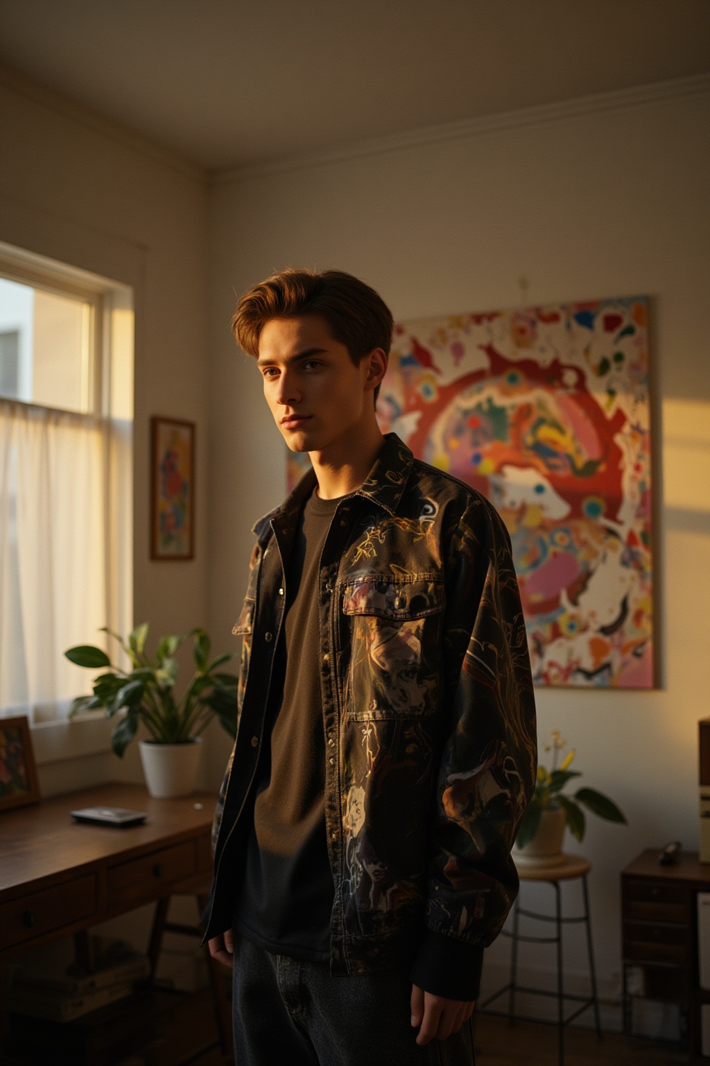 Hasselblad photo portrait of a handsome and mysterious Tokyo young male model,  wearing urban clothes inspired by Jackson...