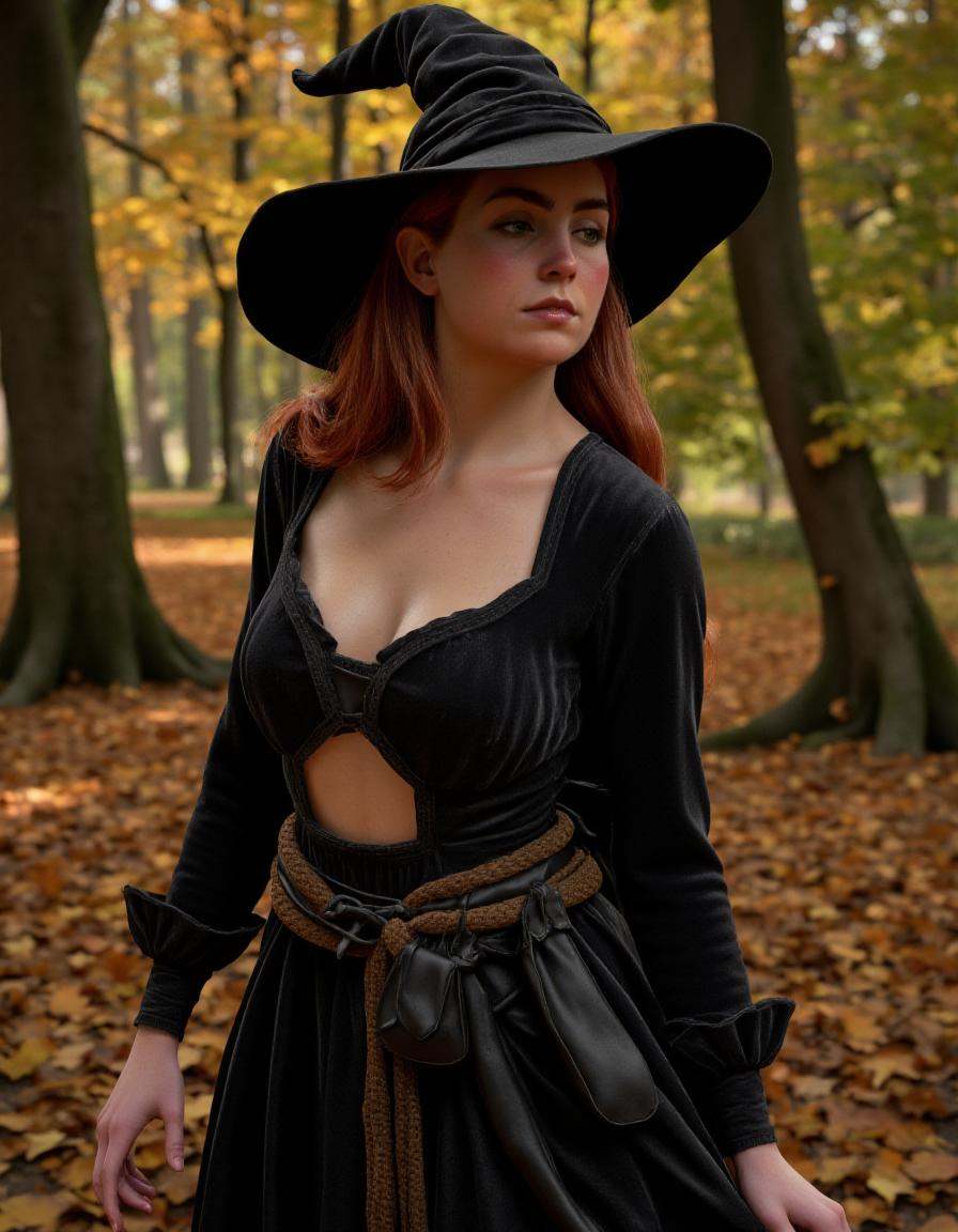 A red haired woman with large breasts wearing a low cut witches dress and a witch hat,  she is in a forest in autumn as le...