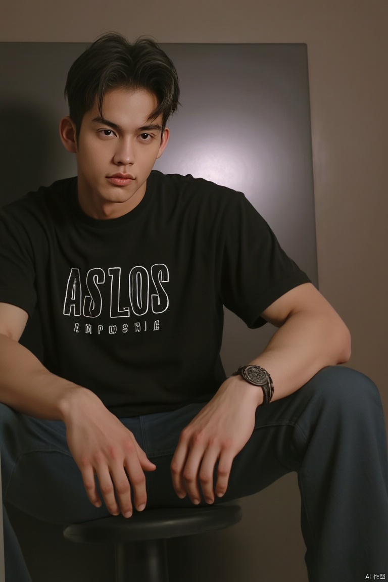 A handsome young man sits on a staircase, wearing glasses, a T-shirt, and shorts. He faces the camera directly under bright sunlight. The scene is captured in a realistic style, with the subject in a relaxed pose, framed mid-shot. The lighting is natural, highlighting his features, and the composition centers on his confident expression.