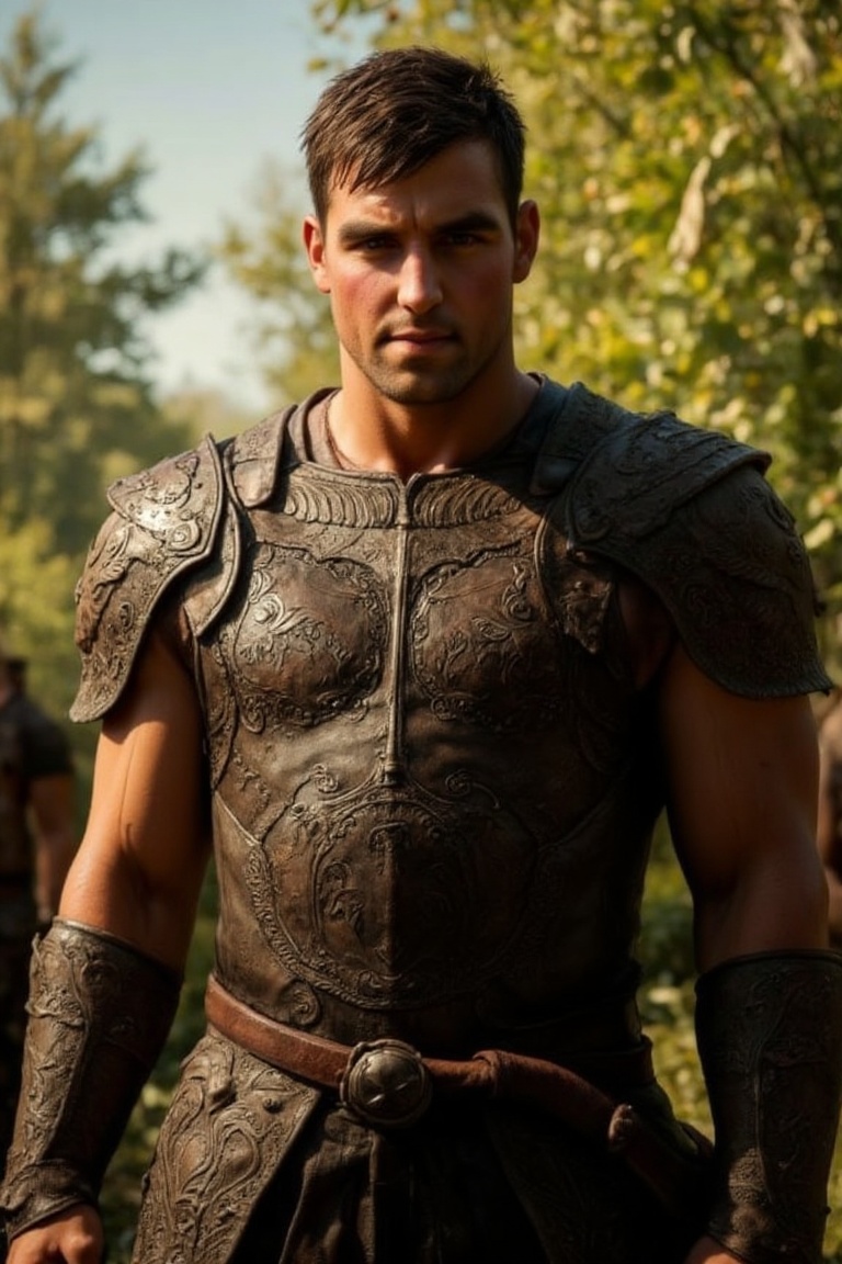 A Handsome male Viking warrior,  sporting a strong jawline and piercing dark brown eyes,  stands proudly in armor attire....