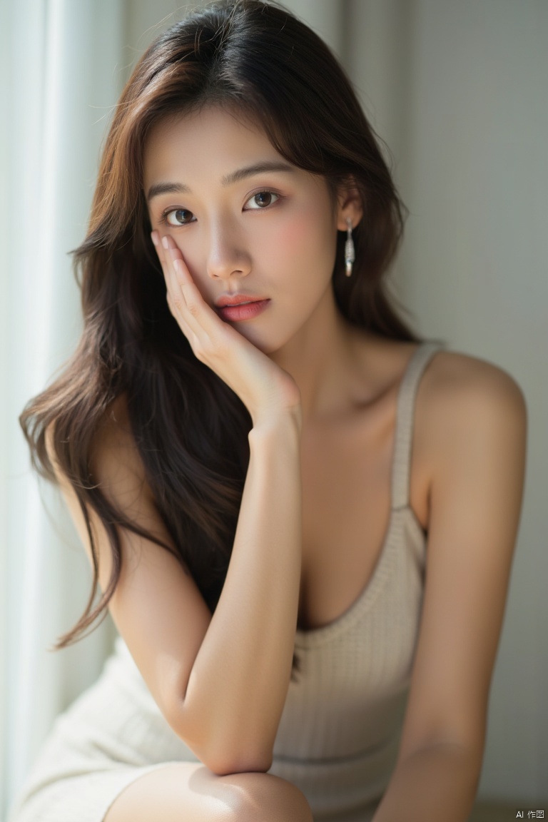 Dark brown hair、Light brown eyes、Japanese actress、 Lady、I am about 40 years old....、(Intricate details:1.2)、(Which is more expensive????:1.4)、 (Ultra-high resolution:1.2)、Ultra-high resolution、(fine adjustment)、(Detailed facial features)、Hmph、8k resolution、D cup size breasts、Long Hair、Large windows、Extravagant space、relax、、,Full body photo、Head to toe shot、Beautiful legs、Knitted camisole dress、Beautiful legs、A refreshing room filled with sunlight、she, household items,   (plant:0.8), Fashion Hub, Very detailedな, Very detailed, Realistic, Hourglass Shaped Body, Obscene pose,、、私cry a lot、tears、person on the left、White wall、White floor、diagonally from below、please lift your chin、テーブルの上にsit、relaxした表情、Pose of Weakness、(auraroid photo:1.2)、From outside the window、Transparent painting、8k、32K、Highest quality、(Details of both eyes)、1 person、elegant、(Loose dress :1.4)、sunset、sit、(Low Angle、From what angle are you looking at this???:1.2)、Hilarious、Leaning against a wall、Turn around and show me your back、