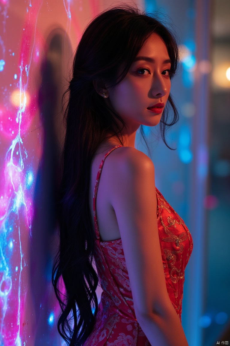 aidmaGlow, Midjourney_Whisper, side view of stunning oriental woman, long flowing hair, silk cocktail dress, splashing, abstract, psychedelic, neon, abstract background, great lighting.