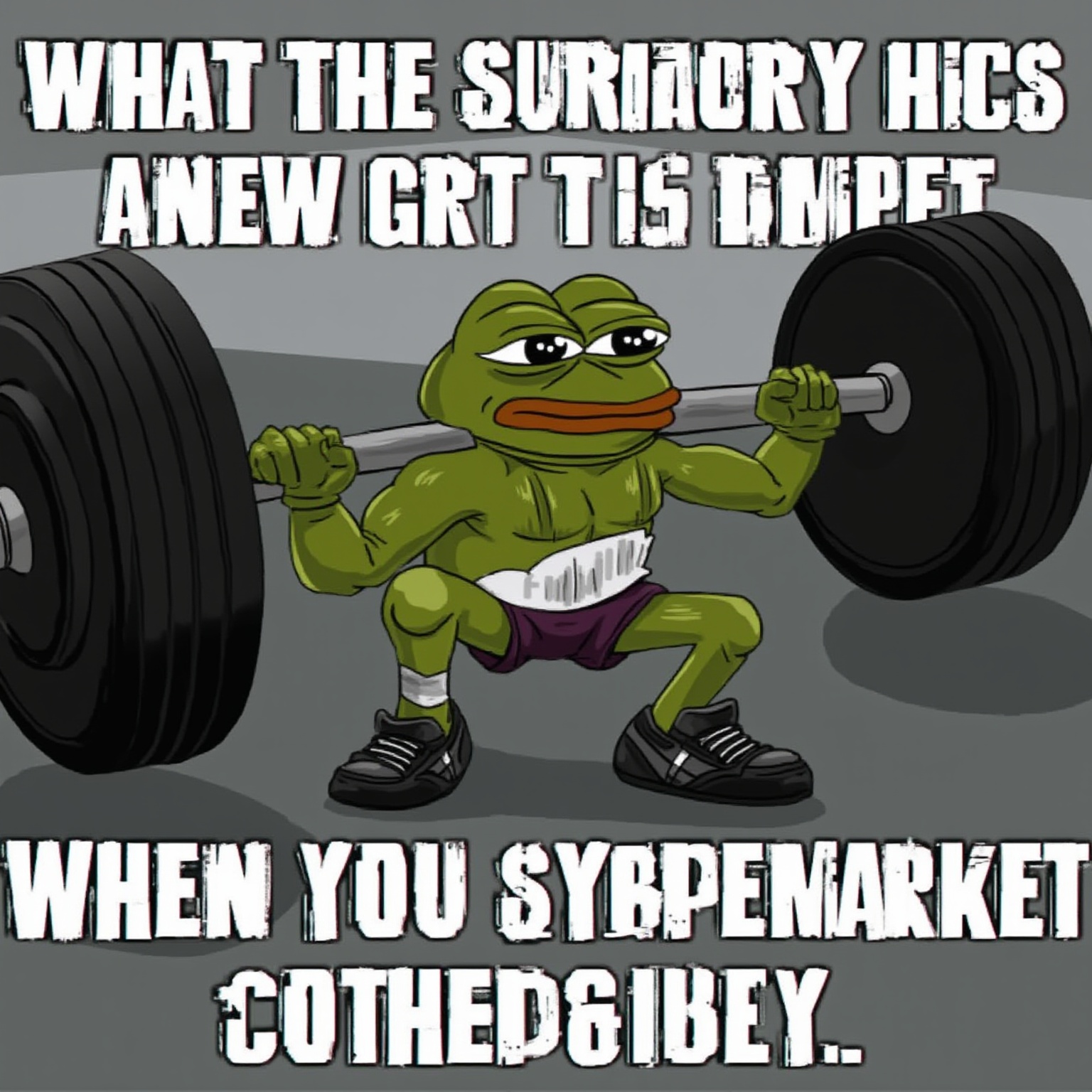 Pepe meme, 
Pepe wearing gym gear, lifting ridiculously large weights with a determined look on his face. The text reads: "When the stock market is down, but you still lift." It's a playful combination of fitness motivation and stock market references.