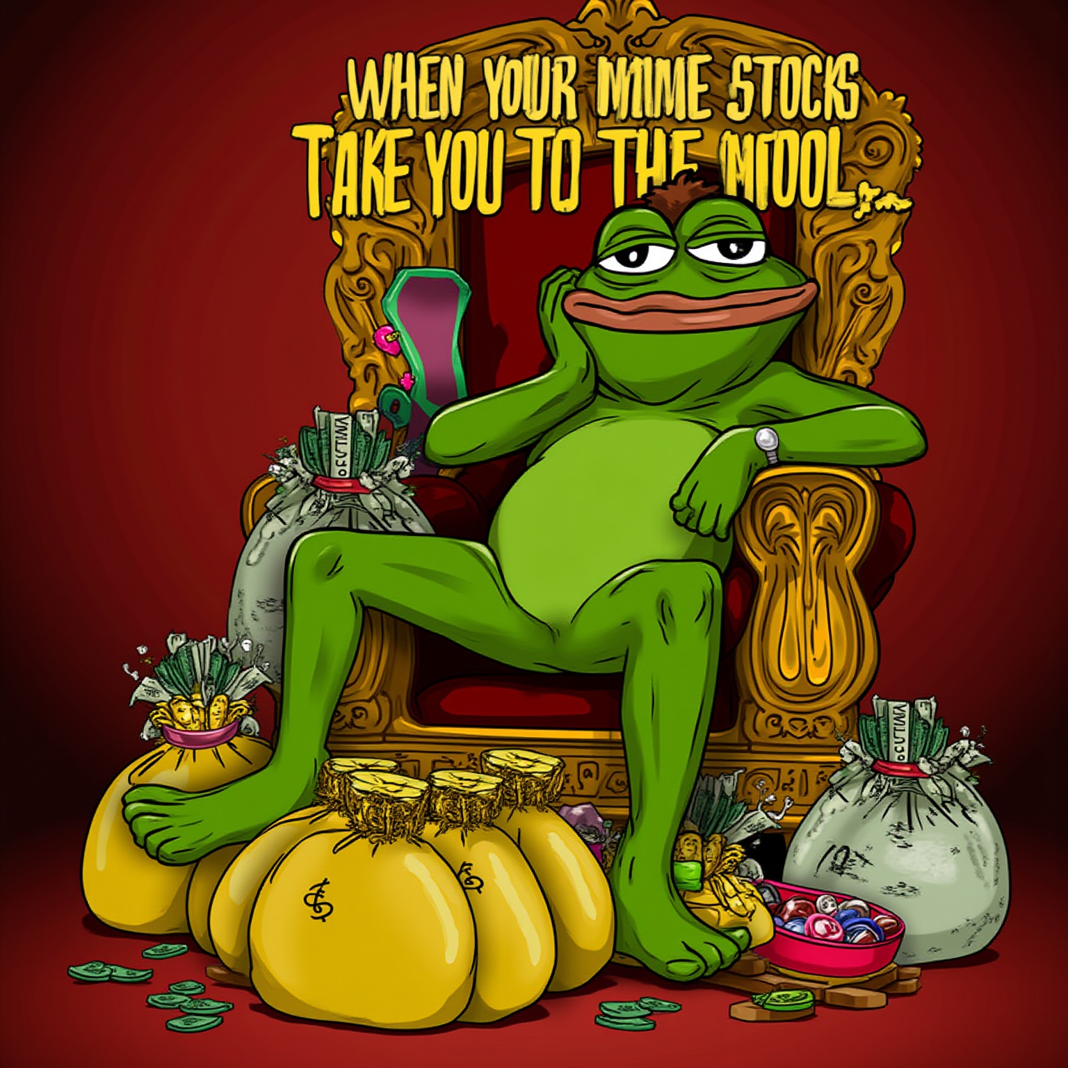 Pepe meme, 
Pepe in a luxurious setting, lounging on a golden throne surrounded by bags of money and expensive items. The text could say: "When your meme stocks take you to the moon." It's a lighthearted reference to meme stock successes like GameStop and AMC.