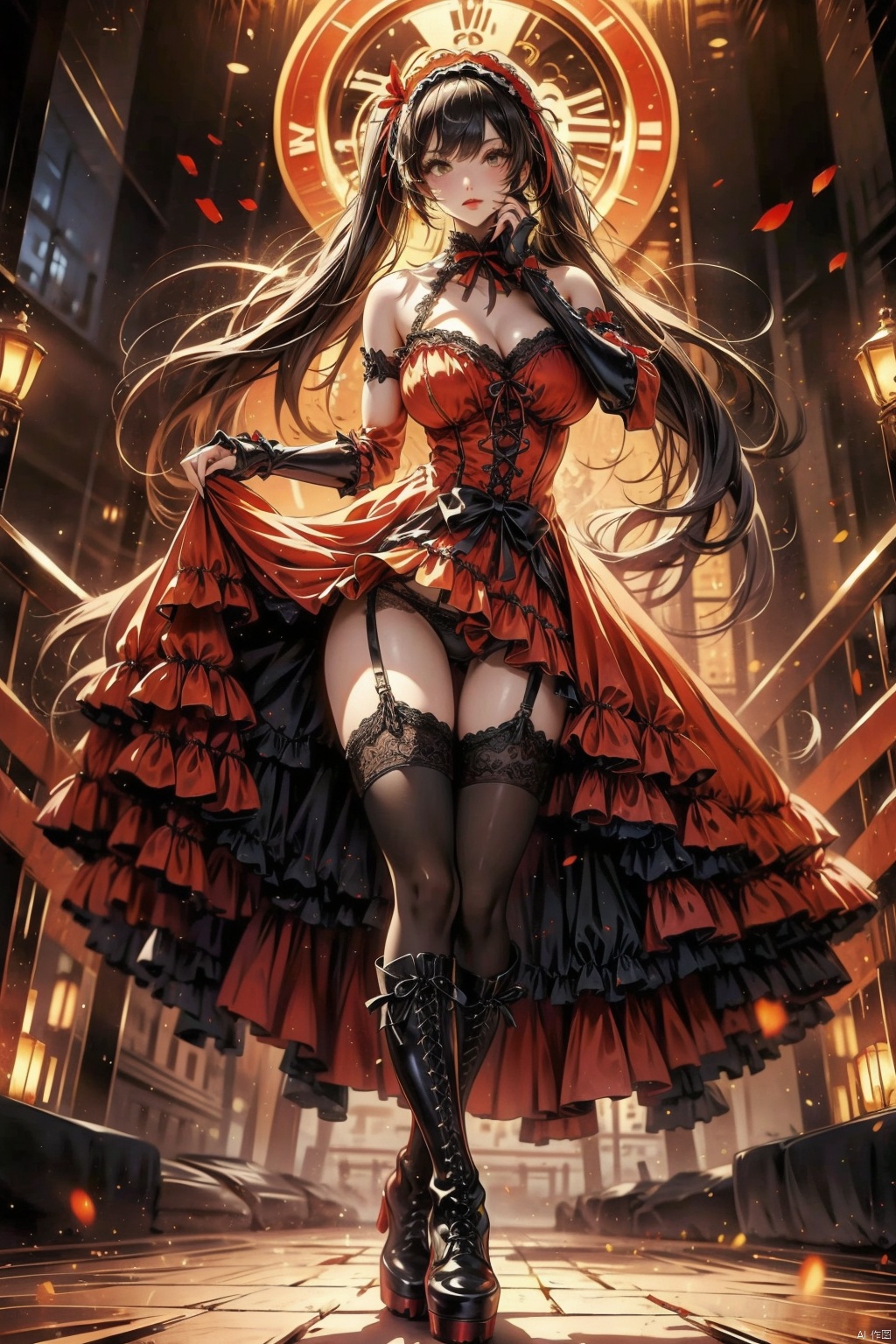 1girl, solo, long hair, breasts, looking at viewer, smile, bangs, large breasts, black hair, red eyes, thighhighs, dress, ribbon, cleavage, bare shoulders, twintails, medium breasts, underwear, standing, panties, full body, yellow eyes, thighs, hairband, boots, frills, detached sleeves, sleeveless, choker, black thighhighs, clothes lift, black footwear, lips, black panties, sleeveless dress, heterochromia, ass visible through thighs, garter straps, thigh gap, red dress, frilled dress, knee boots, lifted by self, lace trim, lace, hand on own face, cross-laced footwear, dress lift, lolita fashion, gothic lolita, hand on own cheek, clock, lace-up boots, lolita hairband, lace-trimmed legwear, roman numeral, platform boots, tokisaki kurumi