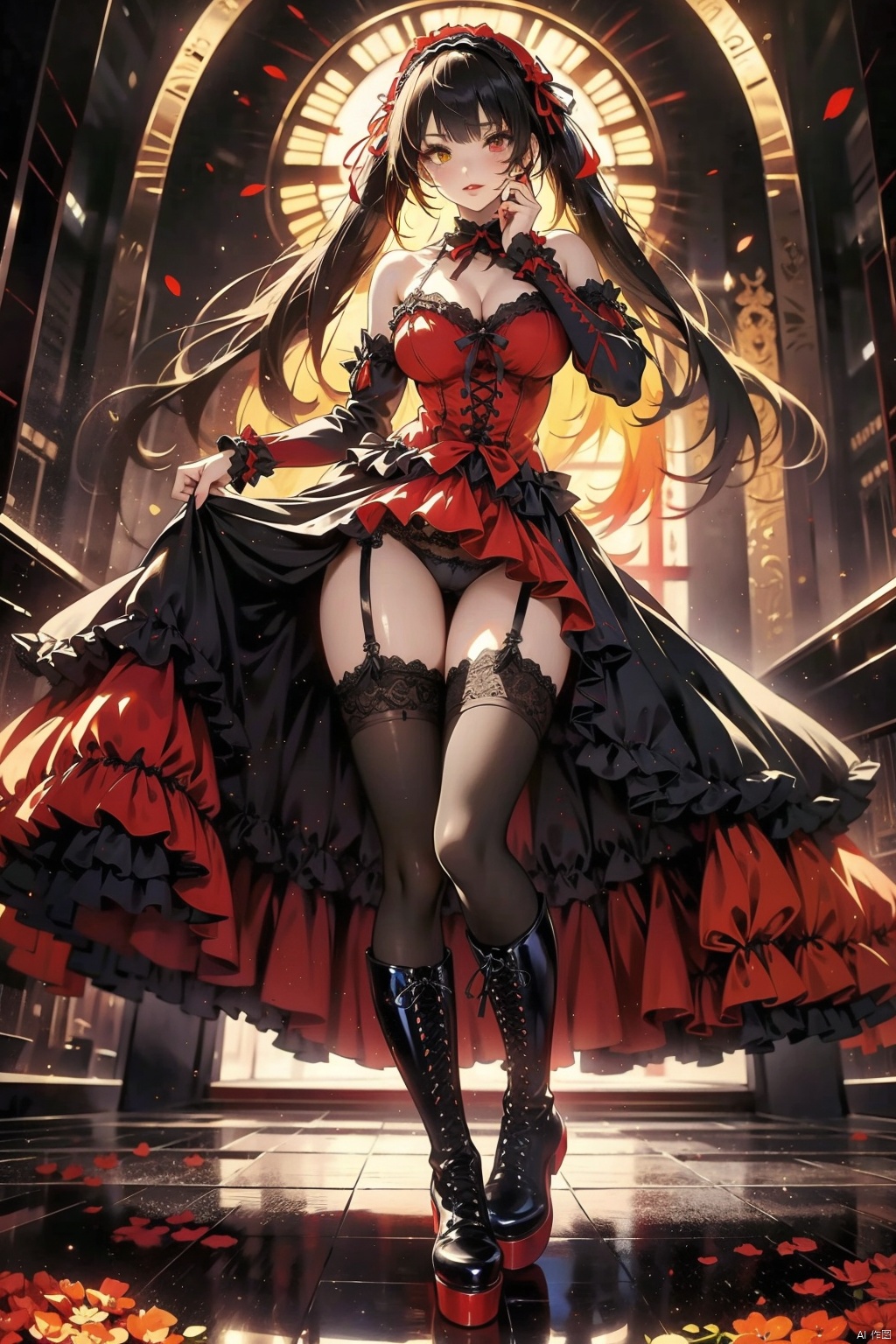 1girl, solo, long hair, breasts, looking at viewer, smile, bangs, large breasts, black hair, red eyes, thighhighs, dress, ribbon, cleavage, bare shoulders, twintails, medium breasts, underwear, standing, panties, full body, yellow eyes, thighs, hairband, boots, frills, detached sleeves, sleeveless, choker, black thighhighs, clothes lift, black footwear, lips, black panties, sleeveless dress, heterochromia, ass visible through thighs, garter straps, thigh gap, red dress, frilled dress, knee boots, lifted by self, lace trim, lace, hand on own face, cross-laced footwear, dress lift, lolita fashion, gothic lolita, hand on own cheek, clock, lace-up boots, lolita hairband, lace-trimmed legwear, roman numeral, platform boots, tokisaki kurumi