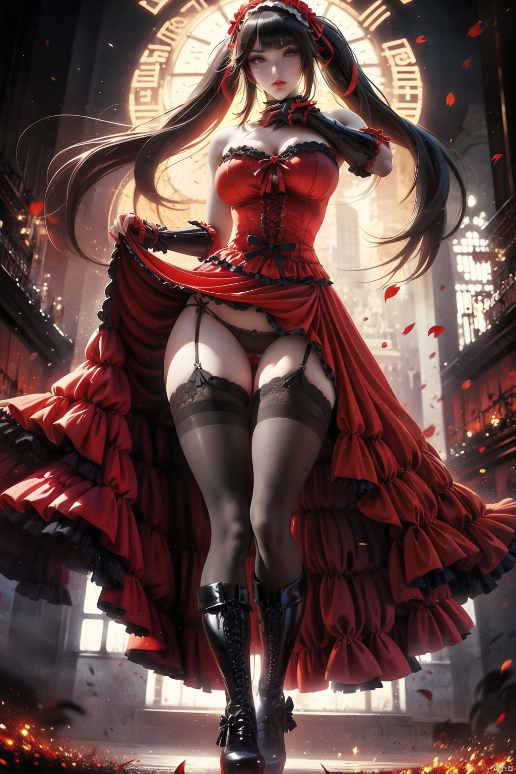 1girl, solo, long hair, breasts, looking at viewer, smile, bangs, large breasts, black hair, red eyes, thighhighs, dress, ribbon, cleavage, bare shoulders, twintails, medium breasts, underwear, standing, panties, full body, yellow eyes, thighs, hairband, boots, frills, detached sleeves, sleeveless, choker, black thighhighs, clothes lift, black footwear, lips, black panties, sleeveless dress, heterochromia, ass visible through thighs, garter straps, thigh gap, red dress, frilled dress, knee boots, lifted by self, lace trim, lace, hand on own face, cross-laced footwear, dress lift, lolita fashion, gothic lolita, hand on own cheek, clock, lace-up boots, lolita hairband, lace-trimmed legwear, roman numeral, platform boots, tokisaki kurumi