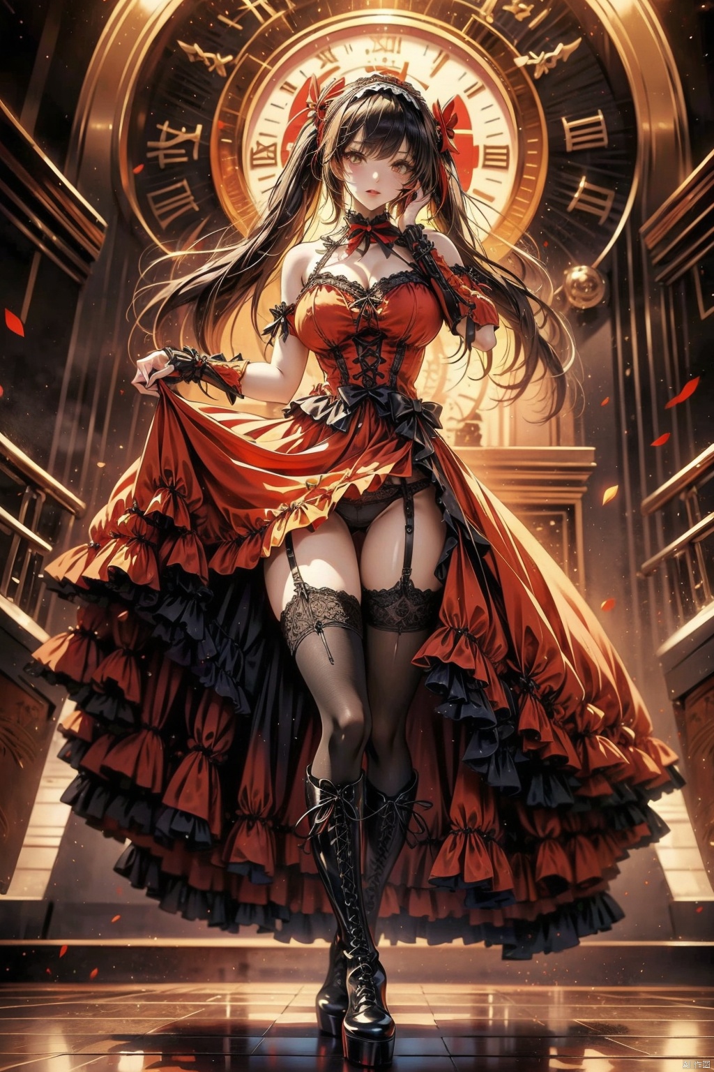 1girl, solo, long hair, breasts, looking at viewer, smile, bangs, large breasts, black hair, red eyes, thighhighs, dress, ribbon, cleavage, bare shoulders, twintails, medium breasts, underwear, standing, panties, full body, yellow eyes, thighs, hairband, boots, frills, detached sleeves, sleeveless, choker, black thighhighs, clothes lift, black footwear, lips, black panties, sleeveless dress, heterochromia, ass visible through thighs, garter straps, thigh gap, red dress, frilled dress, knee boots, lifted by self, lace trim, lace, hand on own face, cross-laced footwear, dress lift, lolita fashion, gothic lolita, hand on own cheek, clock, lace-up boots, lolita hairband, lace-trimmed legwear, roman numeral, platform boots, tokisaki kurumi