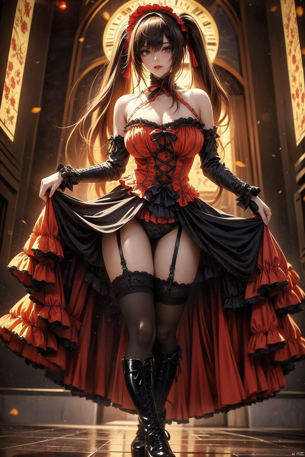 1girl, solo, long hair, breasts, looking at viewer, smile, bangs, large breasts, black hair, red eyes, thighhighs, dress, ribbon, cleavage, bare shoulders, twintails, medium breasts, underwear, standing, panties, full body, yellow eyes, thighs, hairband, boots, frills, detached sleeves, sleeveless, choker, black thighhighs, clothes lift, black footwear, lips, black panties, sleeveless dress, heterochromia, ass visible through thighs, garter straps, thigh gap, red dress, frilled dress, knee boots, lifted by self, lace trim, lace, hand on own face, cross-laced footwear, dress lift, lolita fashion, gothic lolita, hand on own cheek, clock, lace-up boots, lolita hairband, lace-trimmed legwear, roman numeral, platform boots, tokisaki kurumi